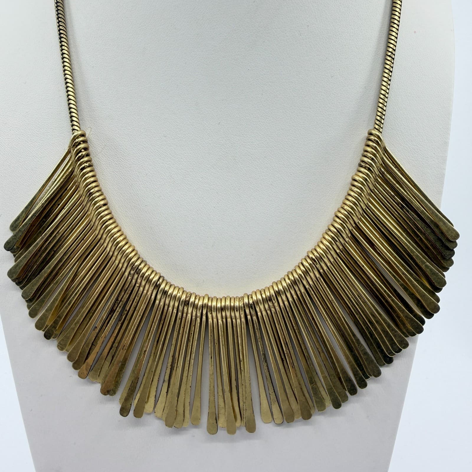Gold Tone Statement Bib Necklace Fringe Design Bold Metal Collar Fashion Piece - Thumbnail 2