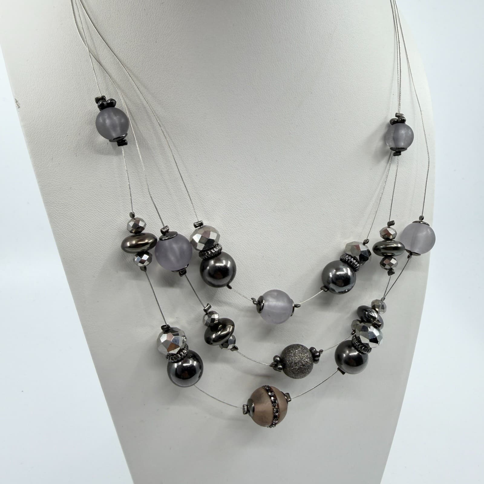 Multi-Strand Statement Necklace Gray Frosted Beads Metallic Accents Chic Jewelry - Thumbnail 5