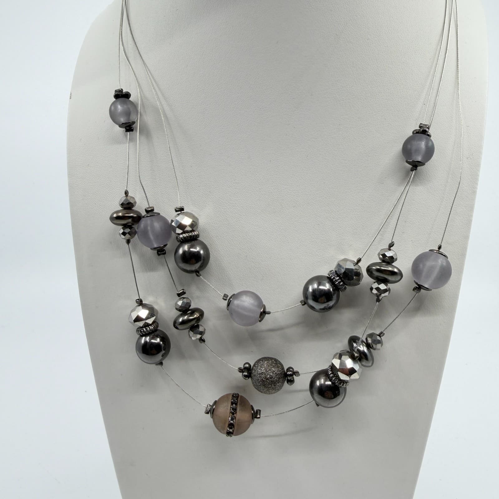 Multi-Strand Statement Necklace Gray Frosted Beads Metallic Accents Chic Jewelry - Thumbnail 9