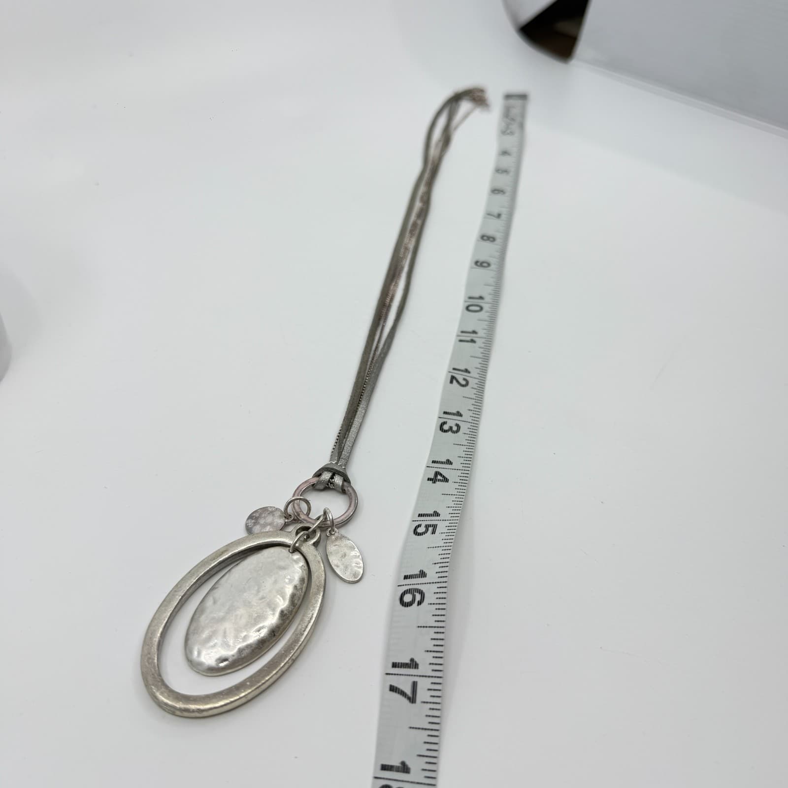 Statement Silver Tone Pendant Necklace Layered Faux Suede Cord Accessory Gift - Thumbnail 8