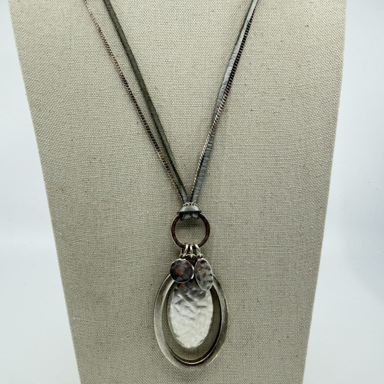 Statement Silver Tone Pendant Necklace Layered Faux Suede Cord Accessory Gift - Thumbnail 2