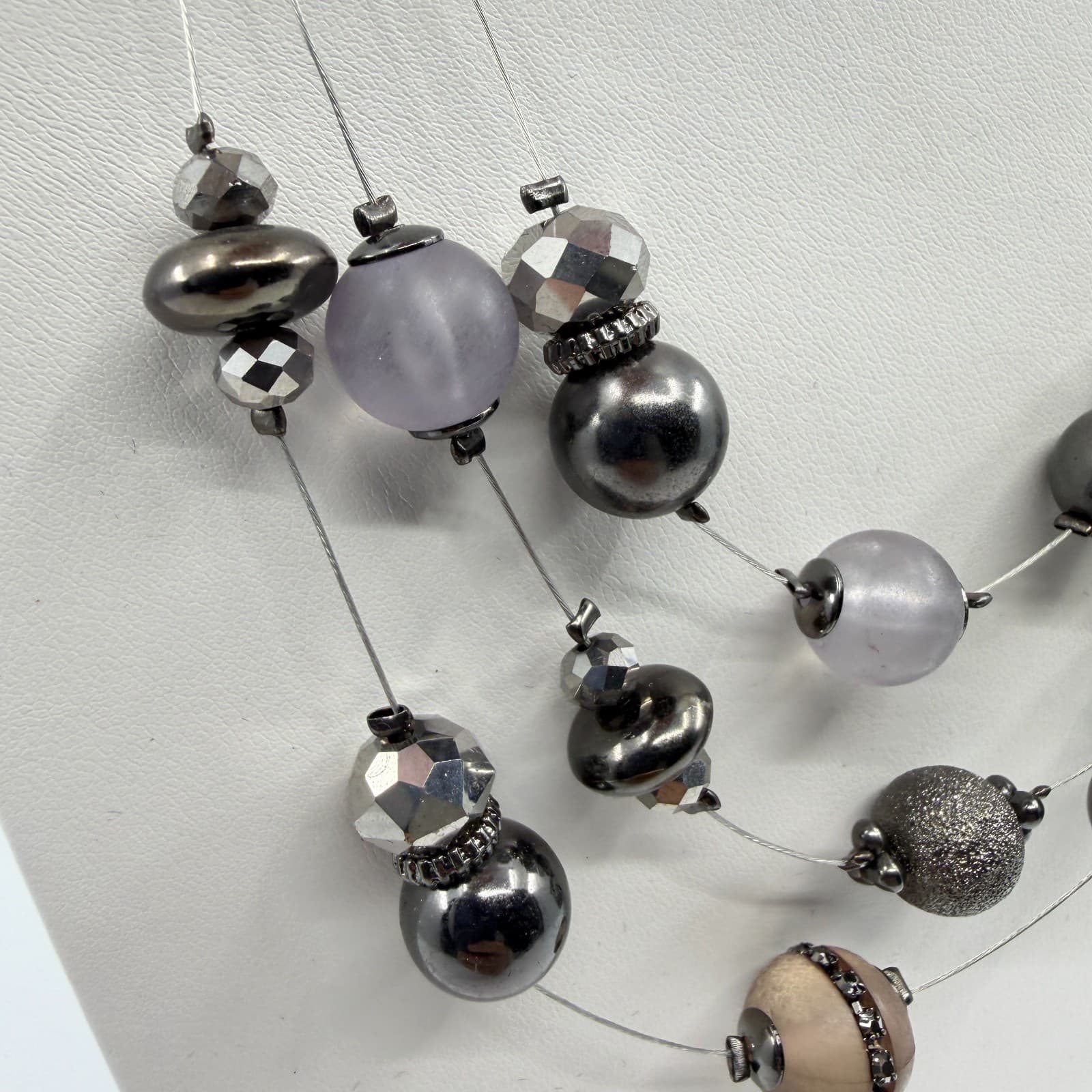 Multi-Strand Statement Necklace Gray Frosted Beads Metallic Accents Chic Jewelry - Thumbnail 4