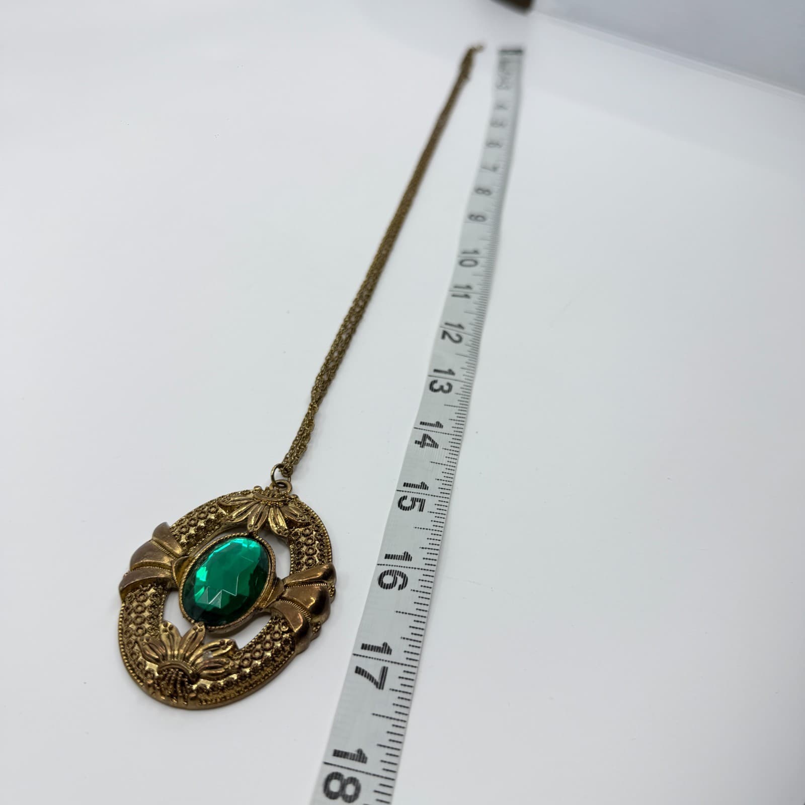 Ornate Gold Tone Emerald Cut Glass Pendant Necklace Statement Filigree Victorian - Thumbnail 10