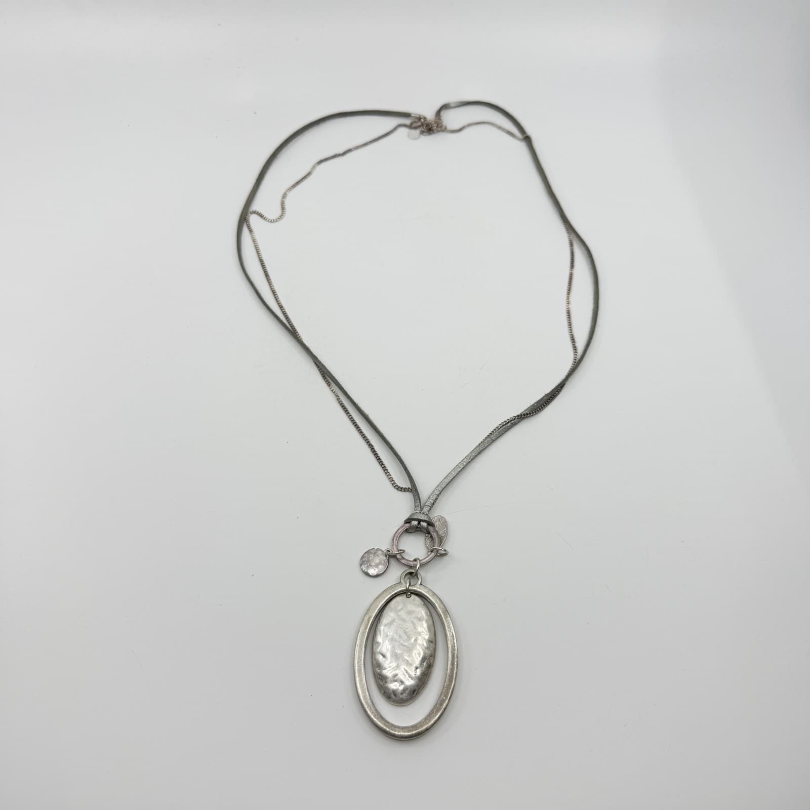 Statement Silver Tone Pendant Necklace Layered Faux Suede Cord Accessory Gift - Thumbnail 7