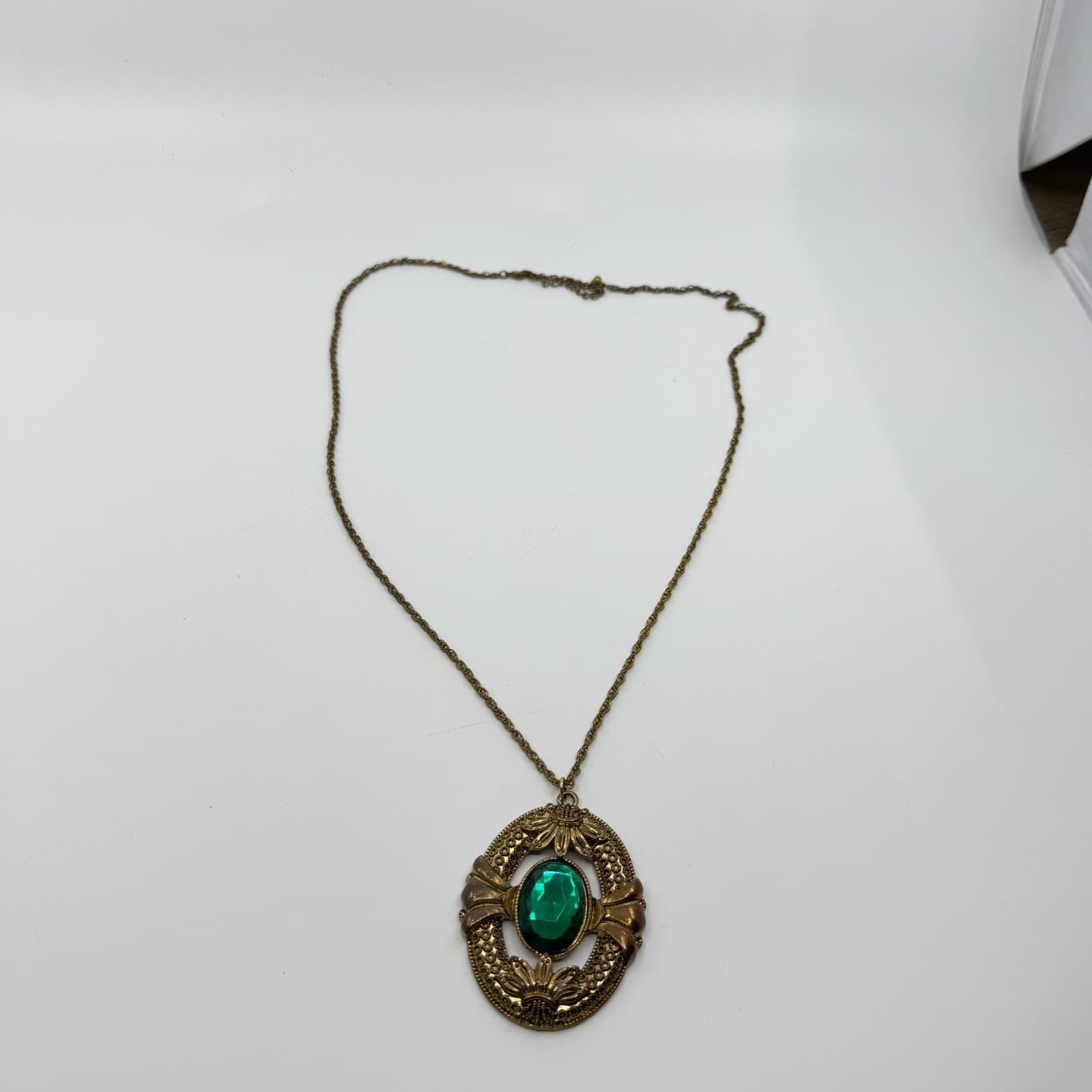Ornate Gold Tone Emerald Cut Glass Pendant Necklace Statement Filigree Victorian - Thumbnail 9