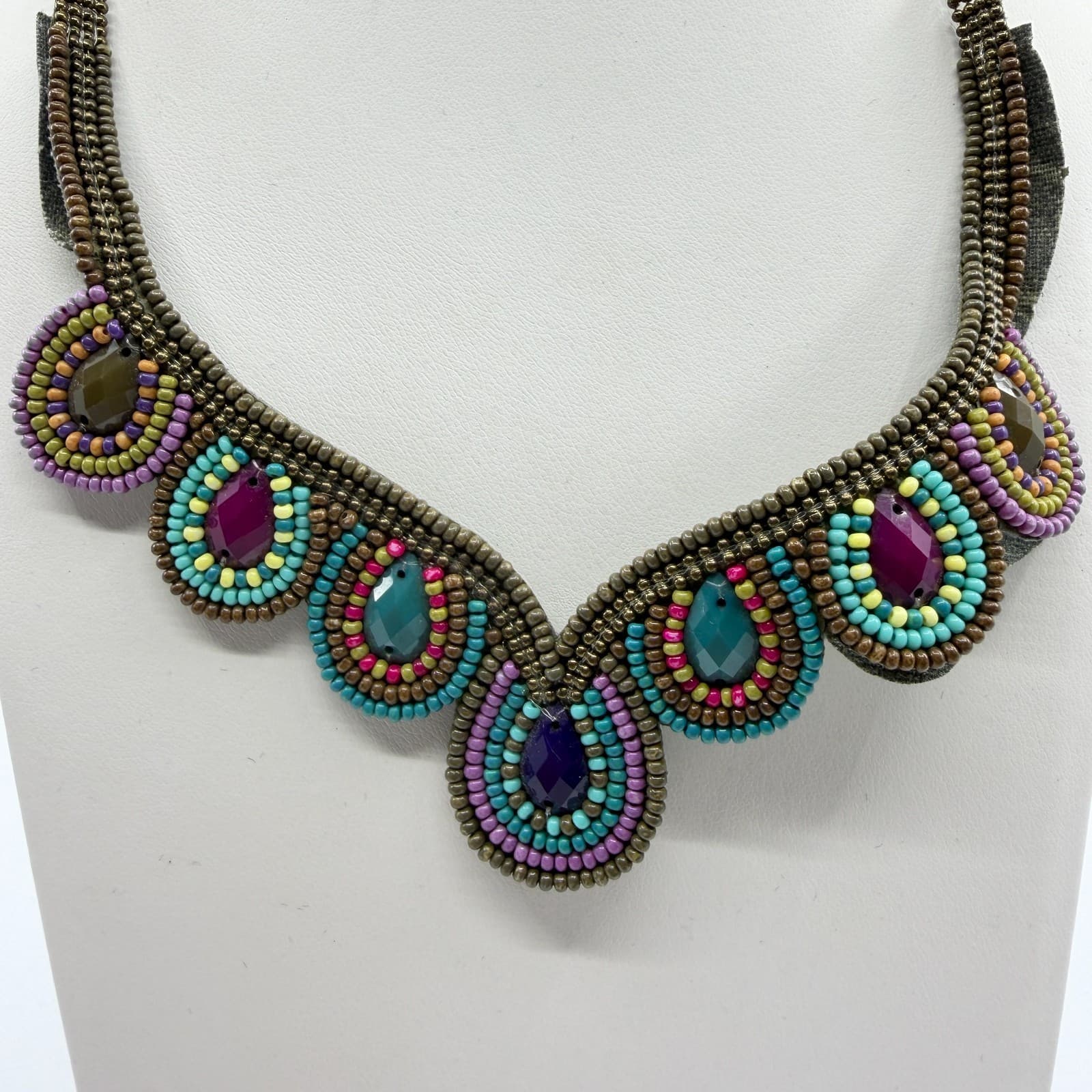 Vibrant Beaded Statement Collar Necklace Multi-Color Teardrop Festival Boho - Thumbnail 7
