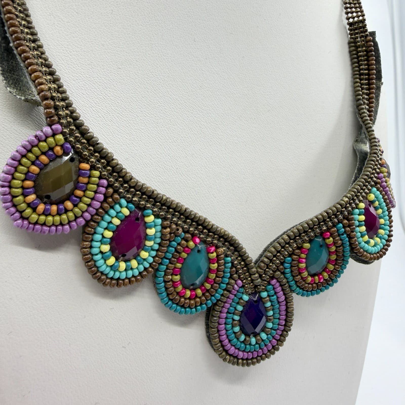 Vibrant Beaded Statement Collar Necklace Multi-Color Teardrop Festival Boho - Thumbnail 2