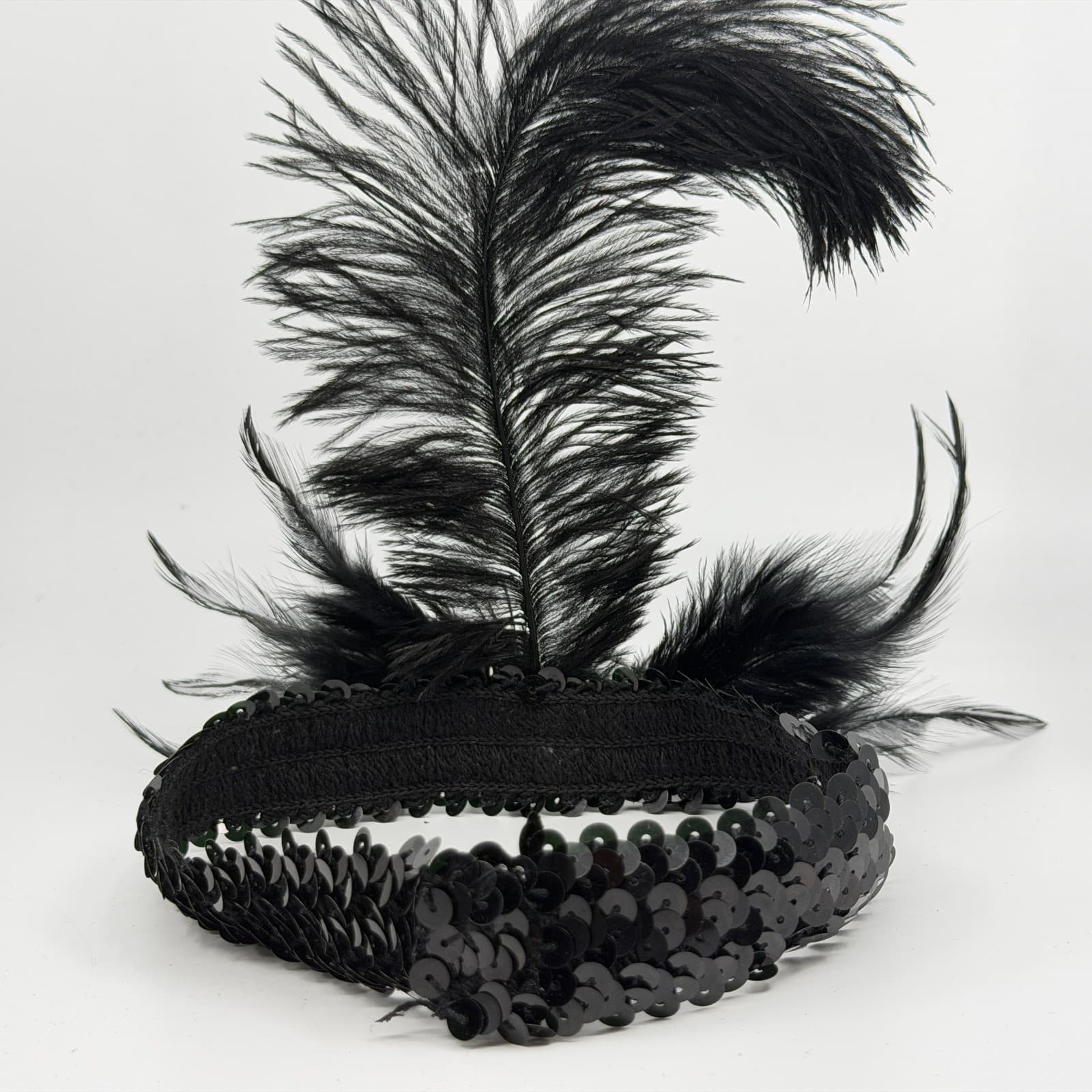 Black Sequin Flapper Headband Gatsby Style Feather Rhinestone Hair Accessory - Thumbnail 9