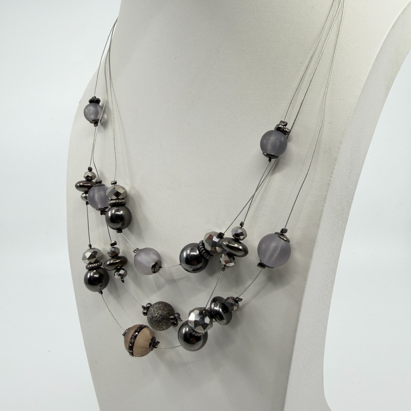 Multi-Strand Statement Necklace Gray Frosted Beads Metallic Accents Chic Jewelry - Thumbnail 7