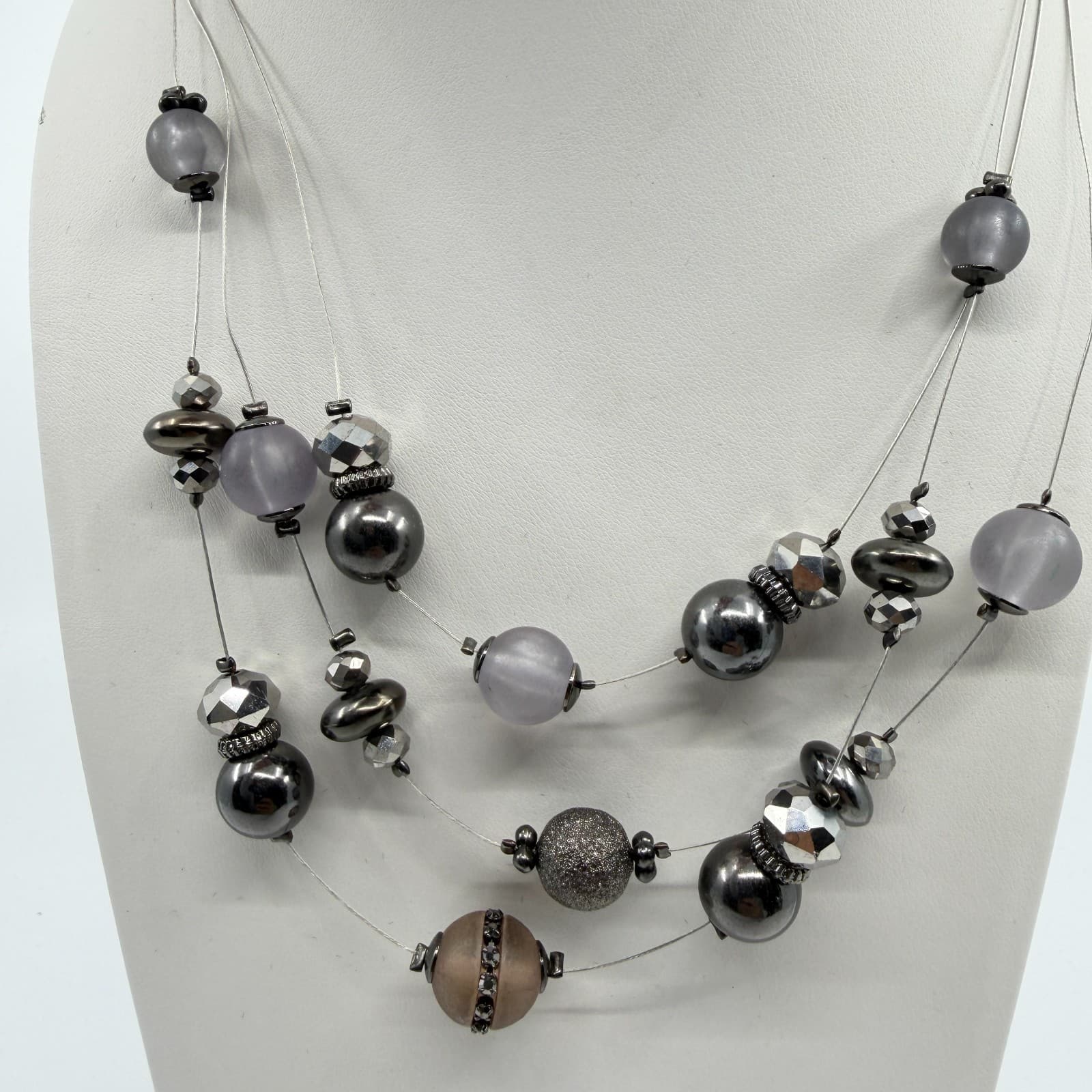 Multi-Strand Statement Necklace Gray Frosted Beads Metallic Accents Chic Jewelry - Thumbnail 2
