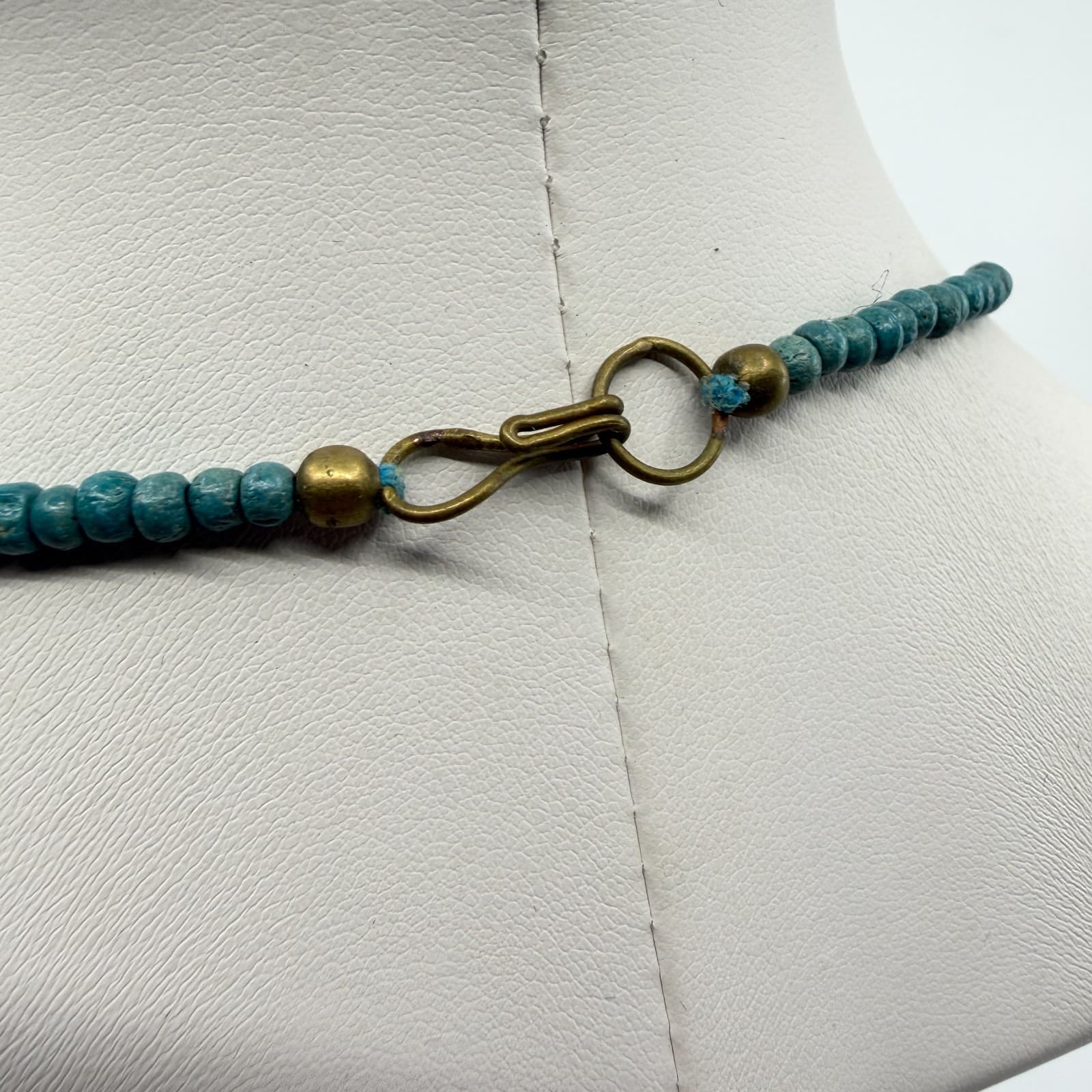 Tribal Painted Wood Semi Circle Pendant Statement Necklace Turquoise Tone Beaded - Thumbnail 9