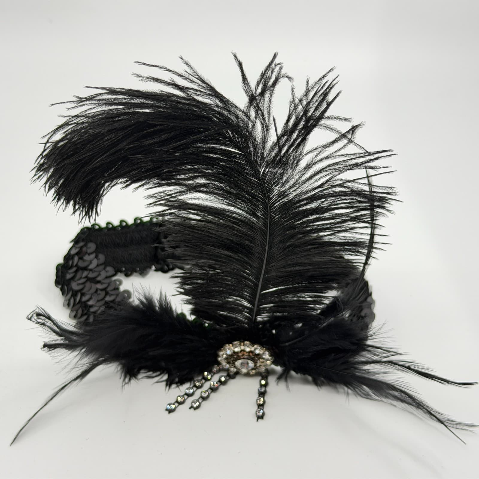 Black Sequin Flapper Headband Gatsby Style Feather Rhinestone Hair Accessory - Thumbnail 5