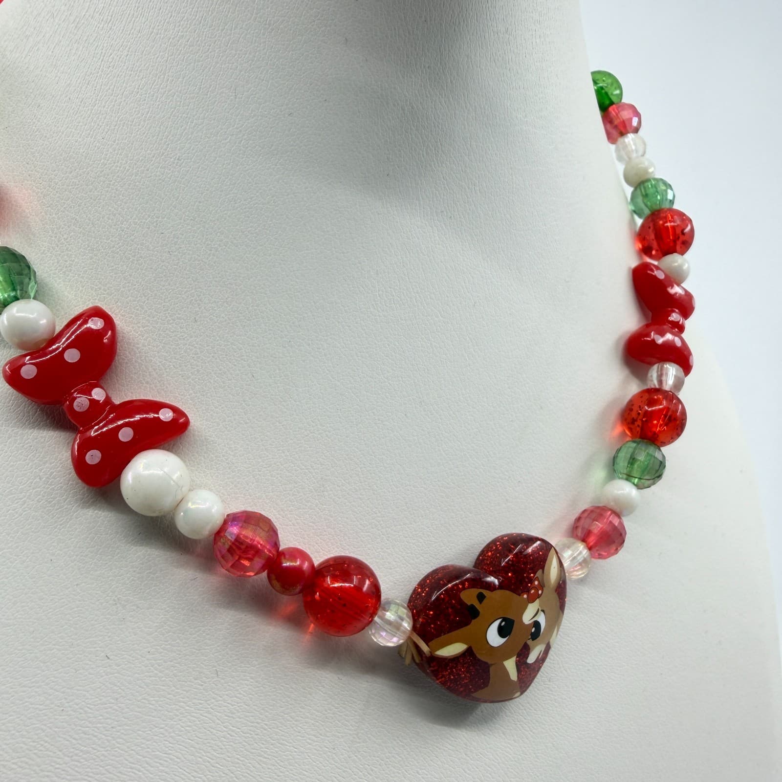 Y2K Festive Polka Dot Reindeer Heart Bead Necklace Holiday Statement Gift Piece - Thumbnail 4