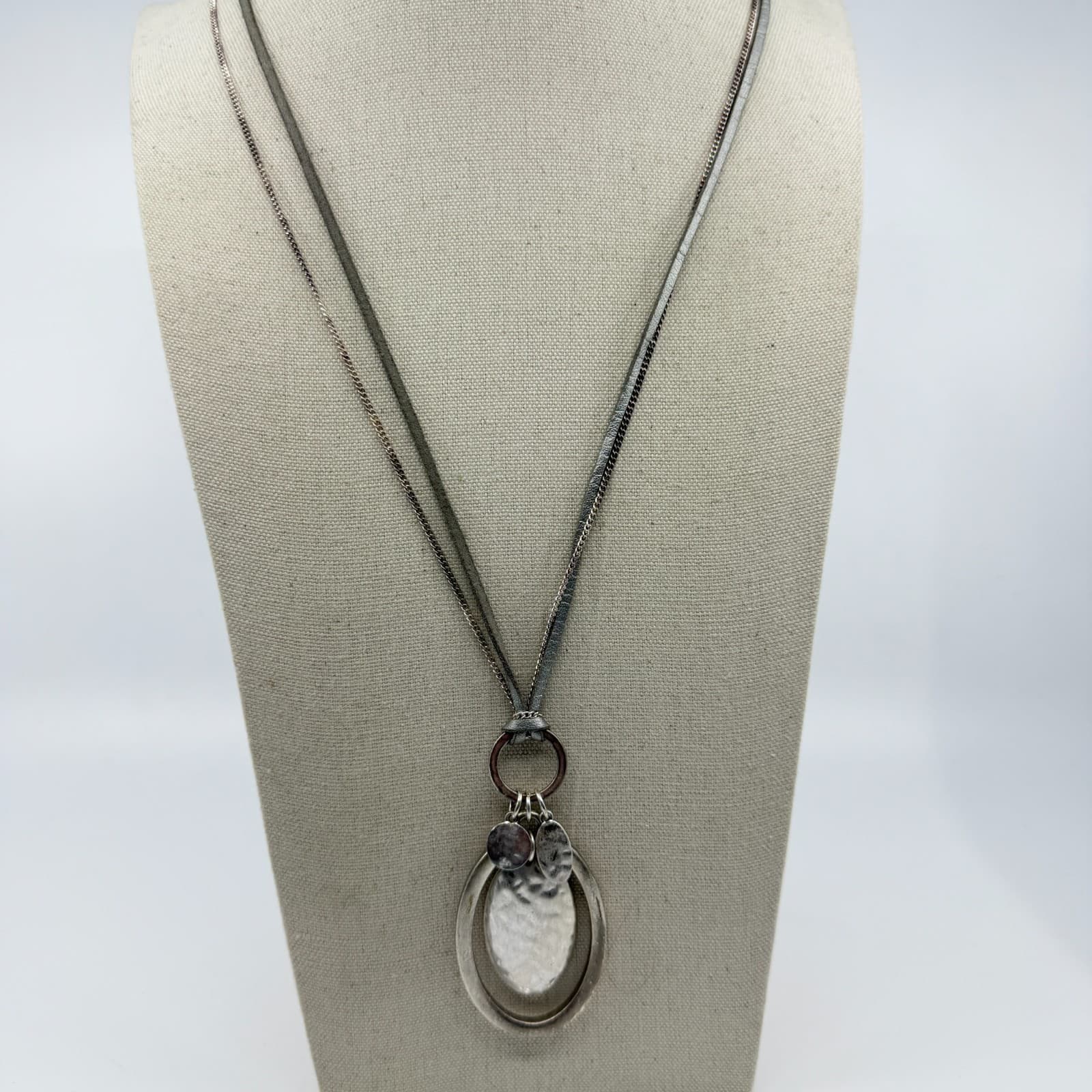 Statement Silver Tone Pendant Necklace Layered Faux Suede Cord Accessory Gift - Thumbnail 4