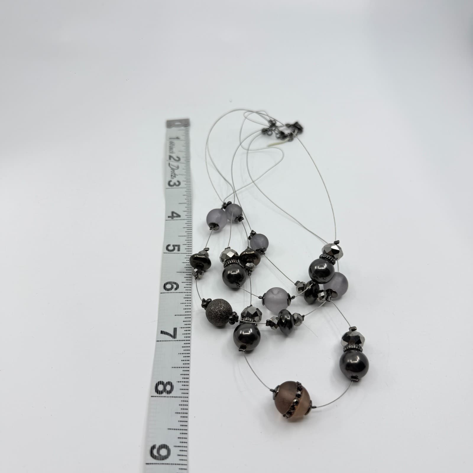 Multi-Strand Statement Necklace Gray Frosted Beads Metallic Accents Chic Jewelry - Thumbnail 11