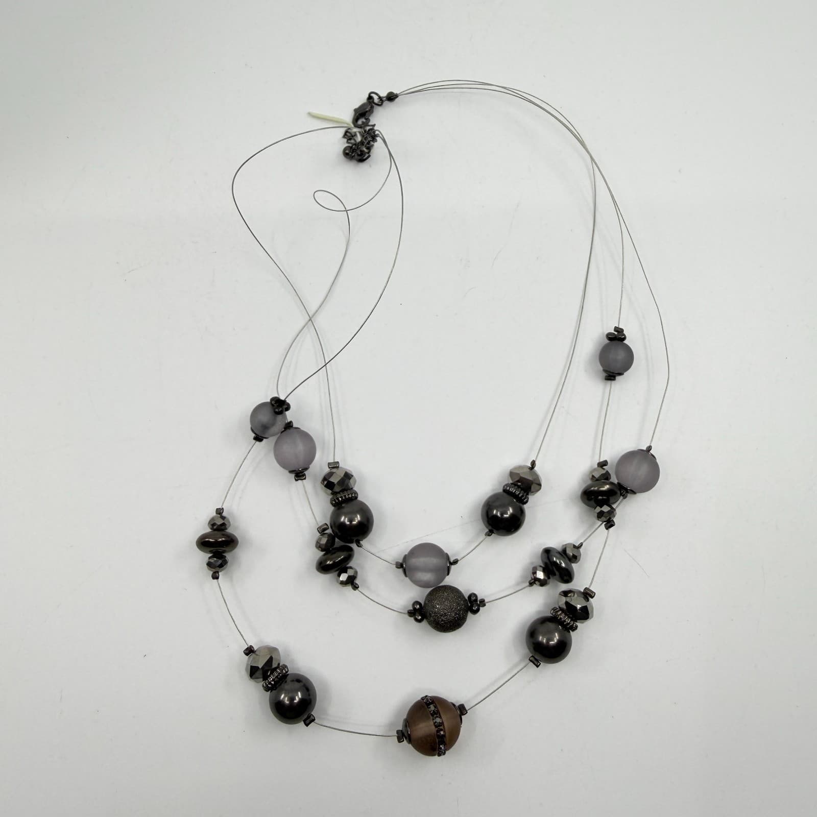Multi-Strand Statement Necklace Gray Frosted Beads Metallic Accents Chic Jewelry - Thumbnail 10