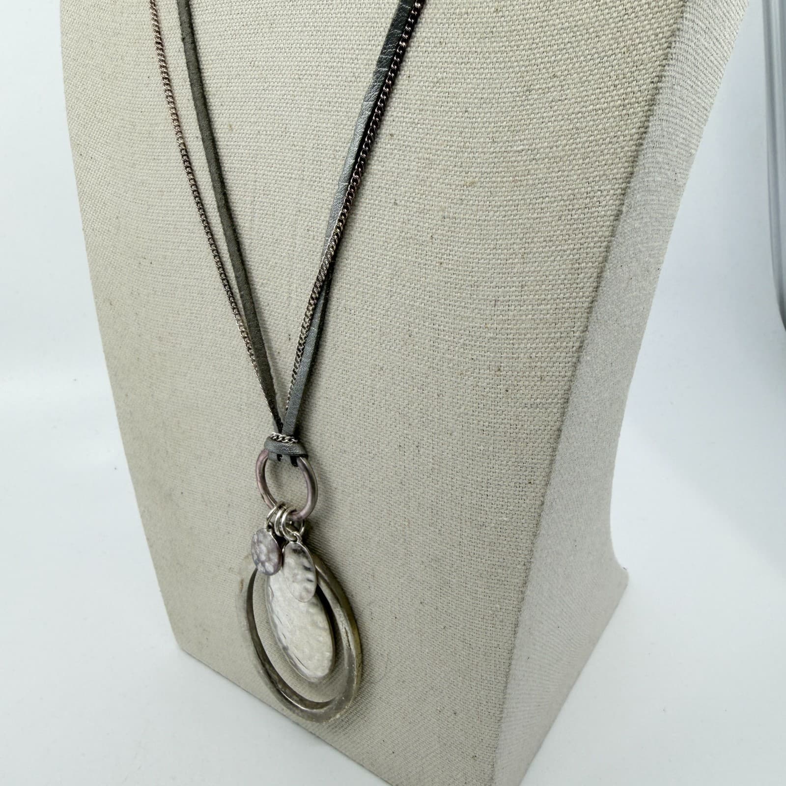 Statement Silver Tone Pendant Necklace Layered Faux Suede Cord Accessory Gift - Thumbnail 6