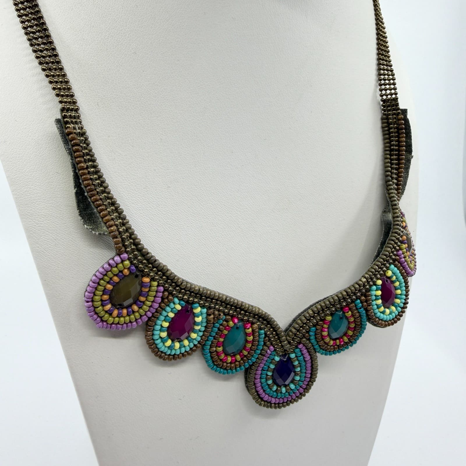 Vibrant Beaded Statement Collar Necklace Multi-Color Teardrop Festival Boho - Thumbnail 3