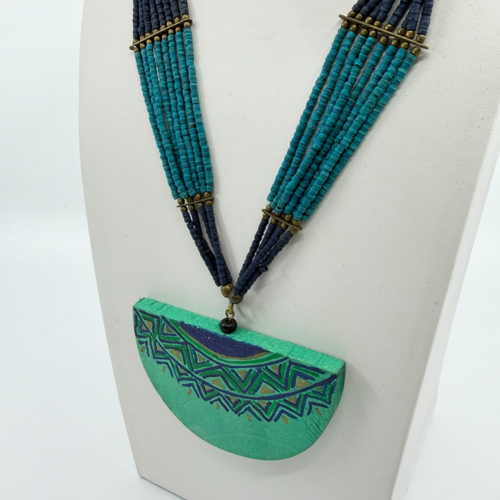 Tribal Painted Wood Semi Circle Pendant Statement Necklace Turquoise Tone Beaded - Thumbnail 7