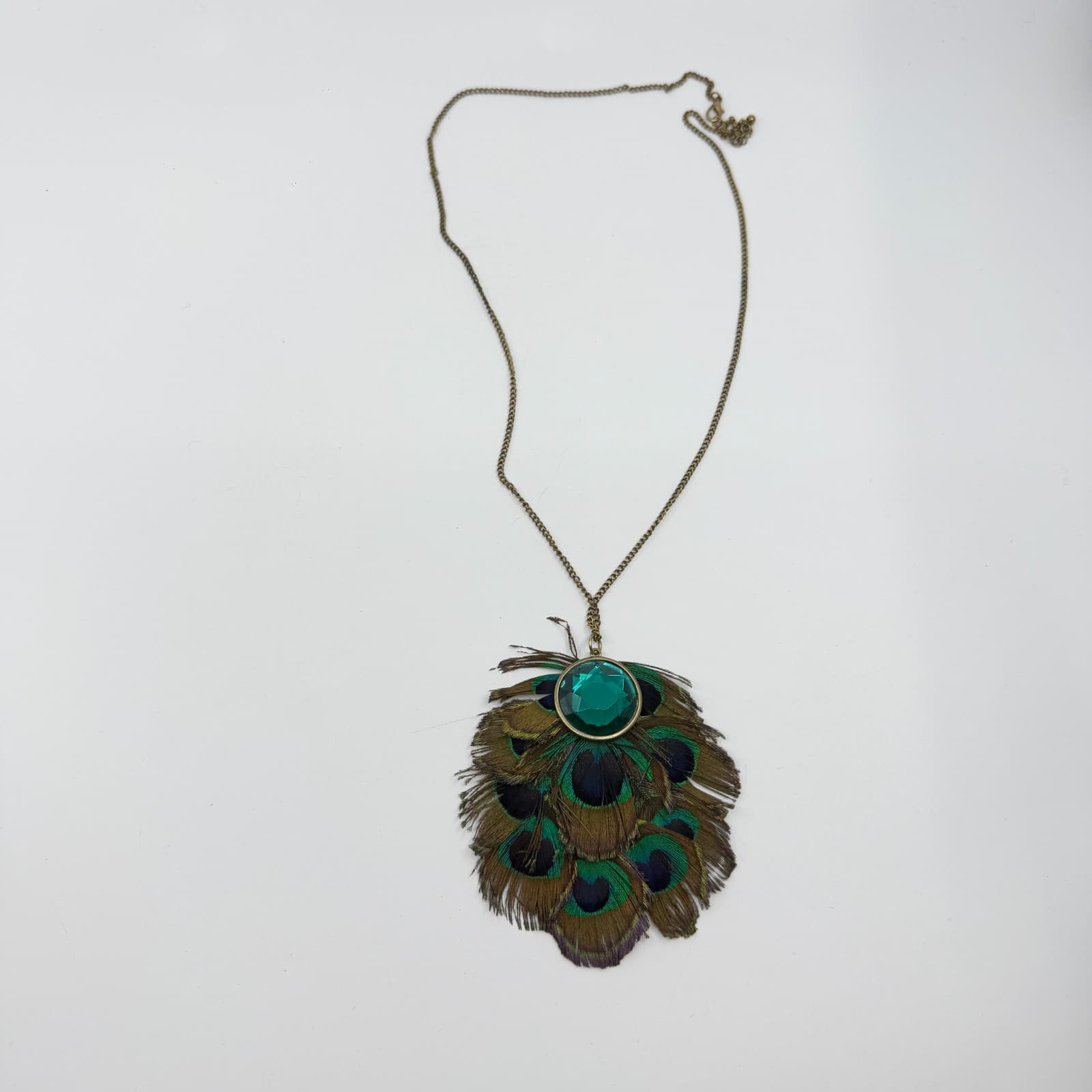 Peacock Feather Statement Necklace Green Crystal Boho Festival Layering Jewelry - Thumbnail 8