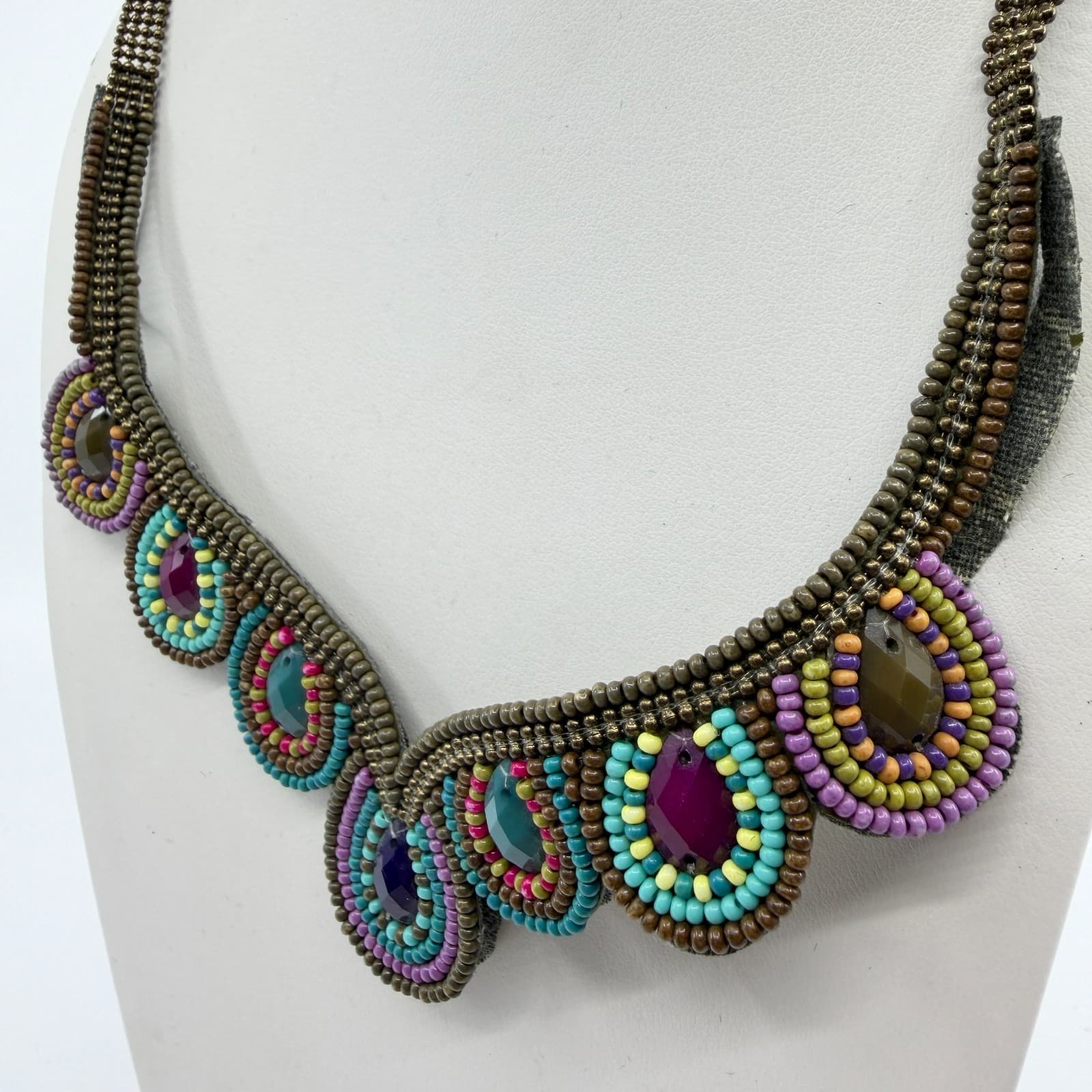 Vibrant Beaded Statement Collar Necklace Multi-Color Teardrop Festival Boho - Thumbnail 4