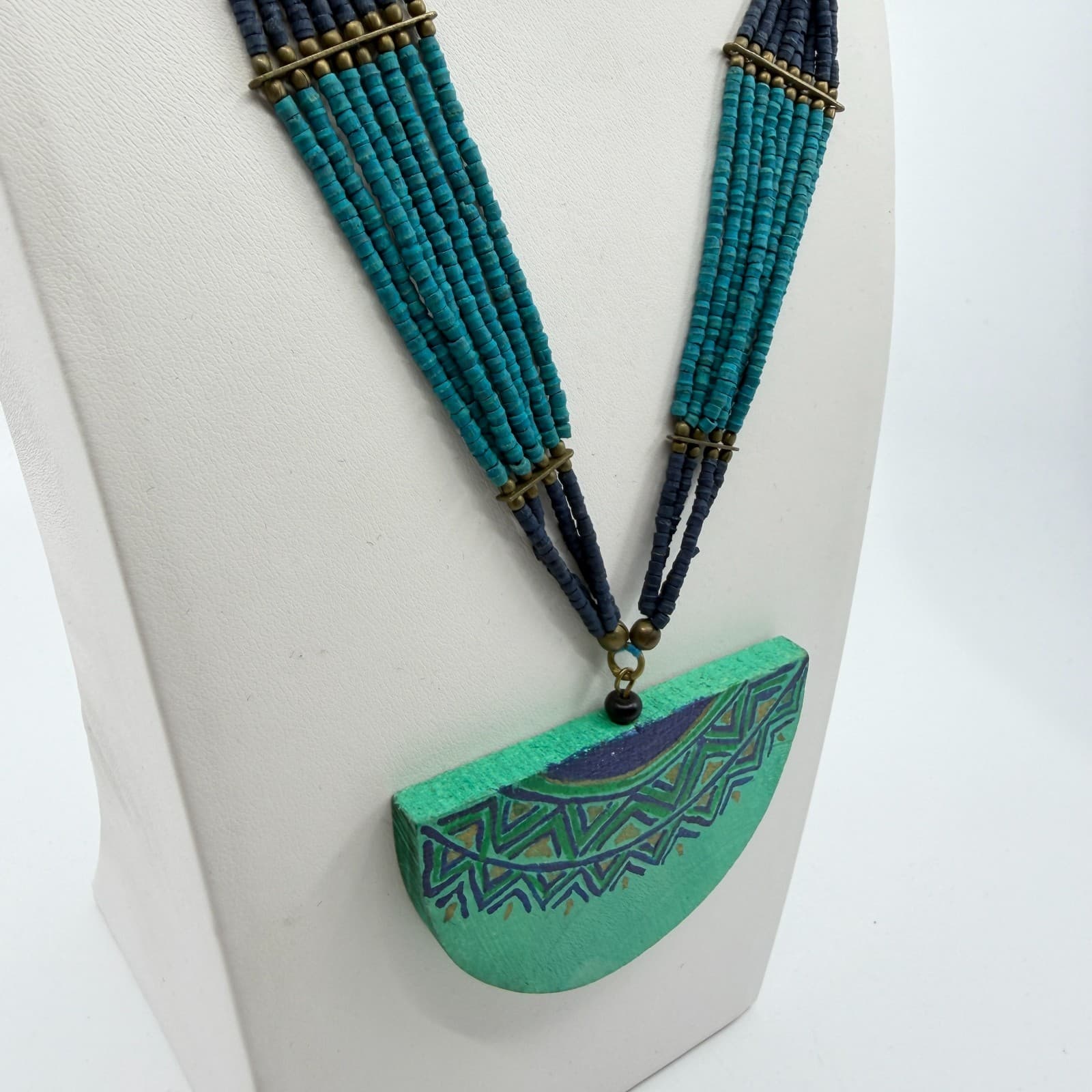 Tribal Painted Wood Semi Circle Pendant Statement Necklace Turquoise Tone Beaded - Thumbnail 5