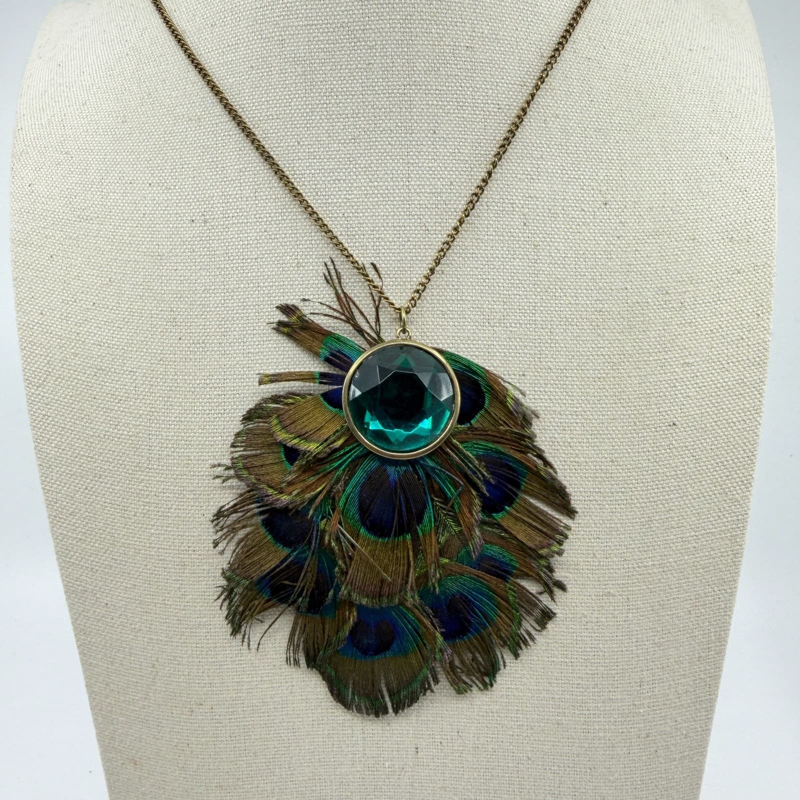 Peacock Feather Statement Necklace Green Crystal Boho Festival Layering Jewelry - Thumbnail 2