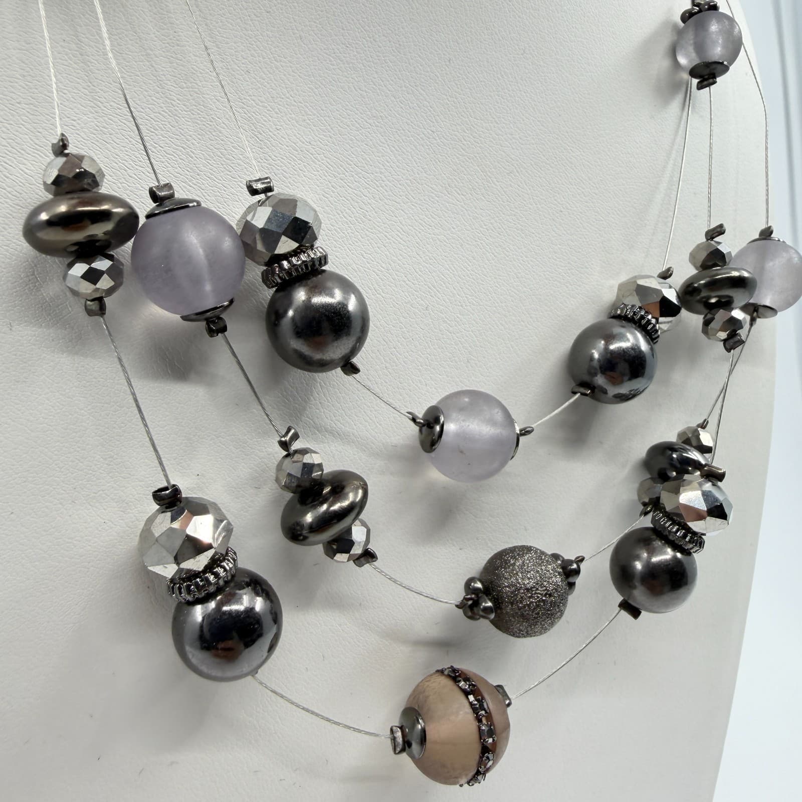 Multi-Strand Statement Necklace Gray Frosted Beads Metallic Accents Chic Jewelry - Thumbnail 3