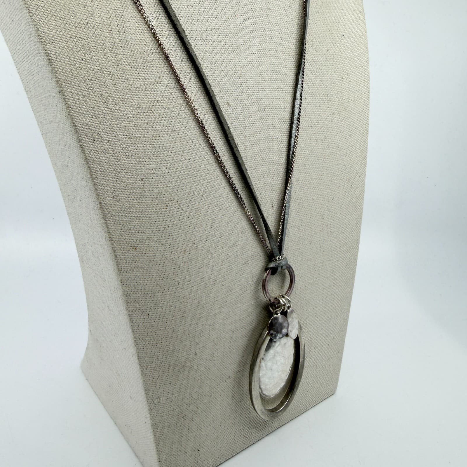 Statement Silver Tone Pendant Necklace Layered Faux Suede Cord Accessory Gift - Thumbnail 5