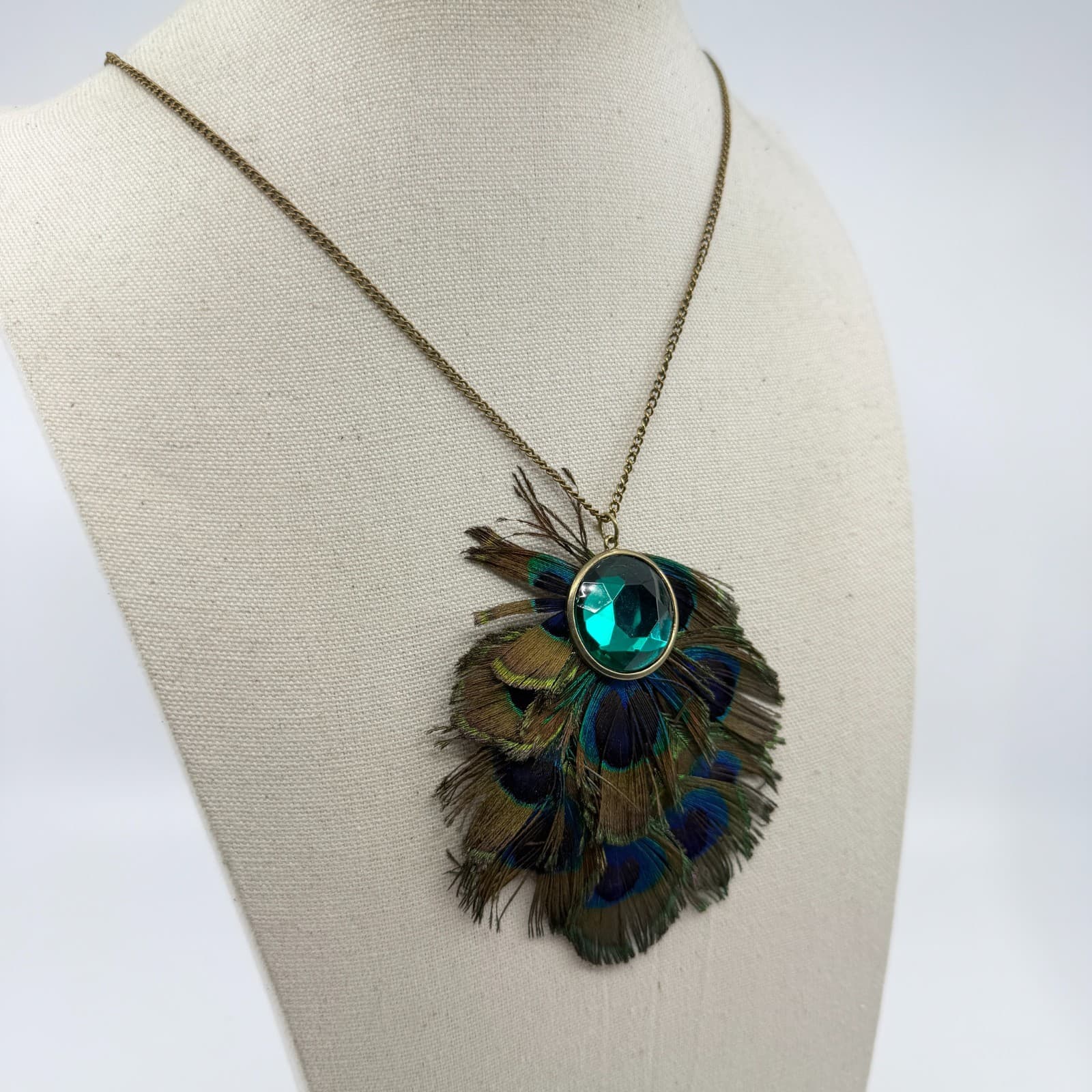 Peacock Feather Statement Necklace Green Crystal Boho Festival Layering Jewelry - Thumbnail 5