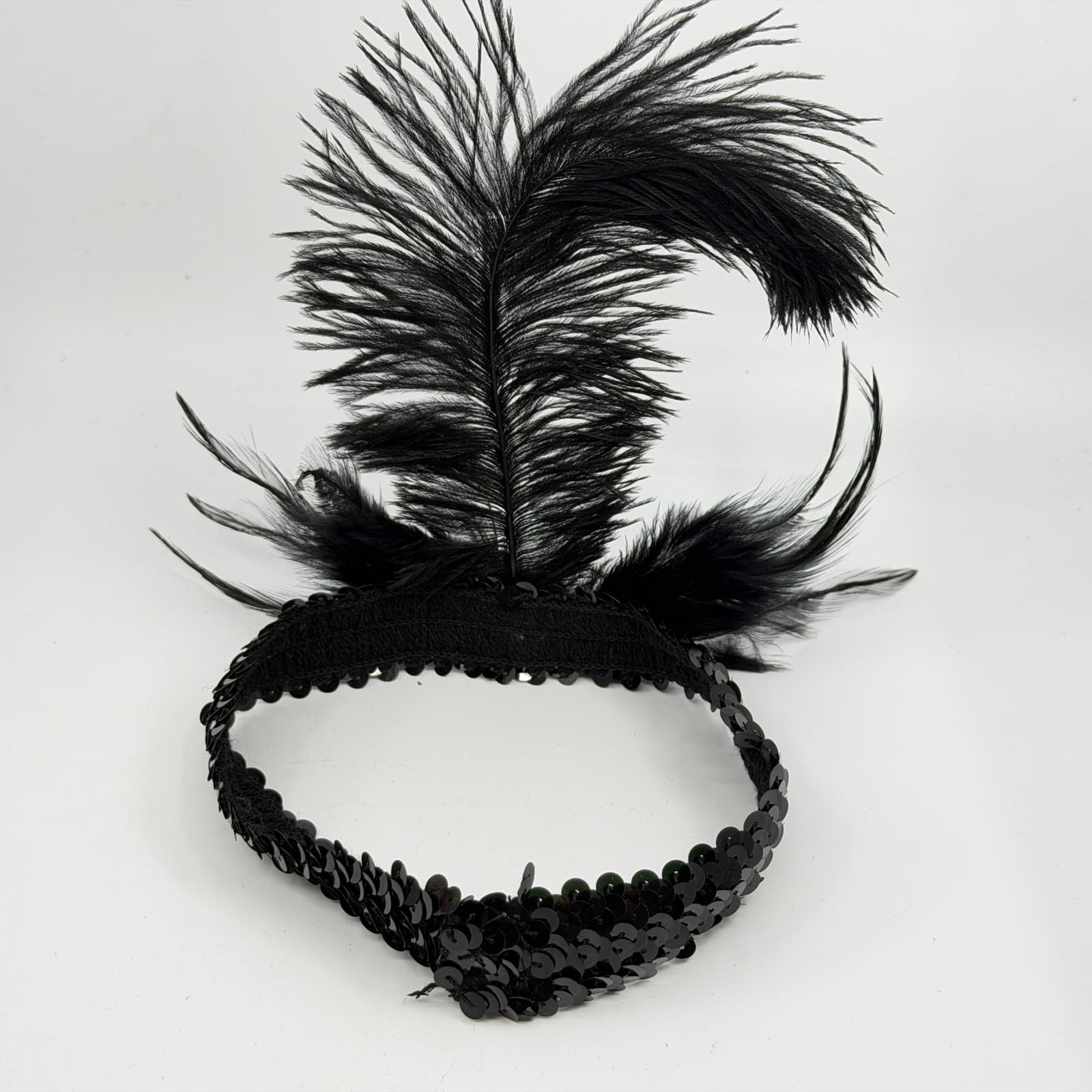 Black Sequin Flapper Headband Gatsby Style Feather Rhinestone Hair Accessory - Thumbnail 7