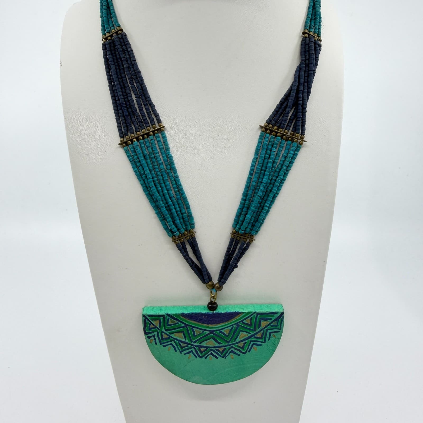 Tribal Painted Wood Semi Circle Pendant Statement Necklace Turquoise Tone Beaded - Thumbnail 3
