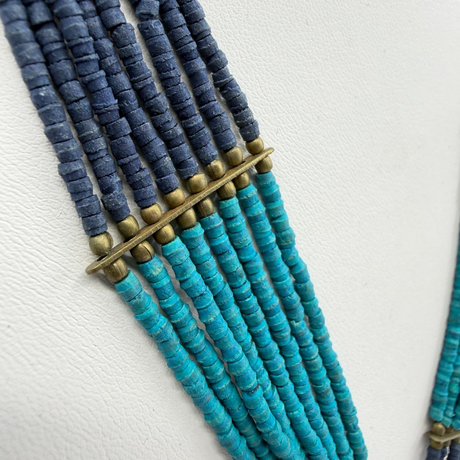Tribal Painted Wood Semi Circle Pendant Statement Necklace Turquoise Tone Beaded - Thumbnail 6