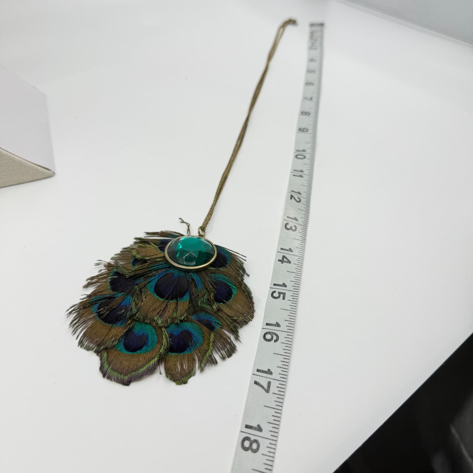Peacock Feather Statement Necklace Green Crystal Boho Festival Layering Jewelry - Thumbnail 9