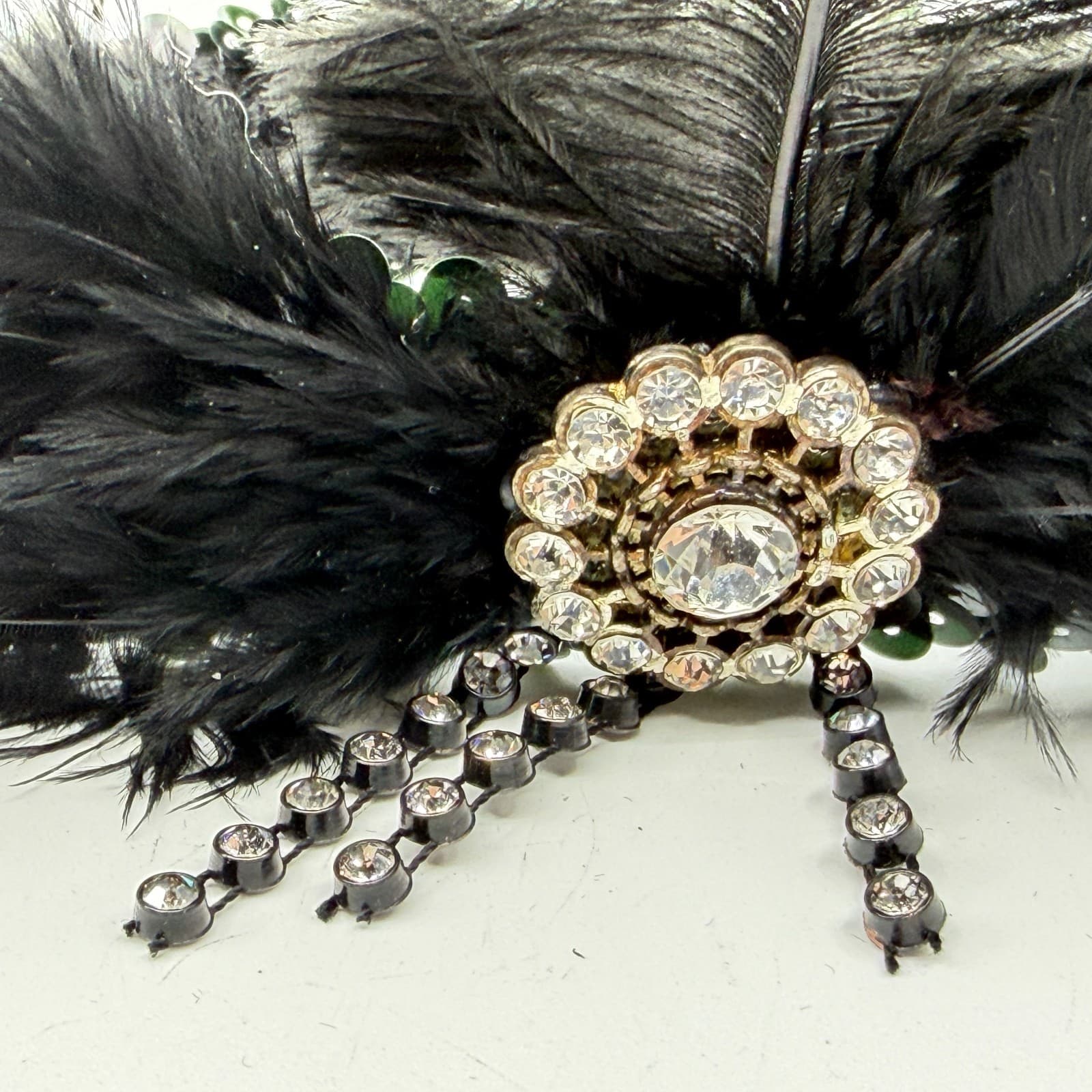 Black Sequin Flapper Headband Gatsby Style Feather Rhinestone Hair Accessory - Thumbnail 4
