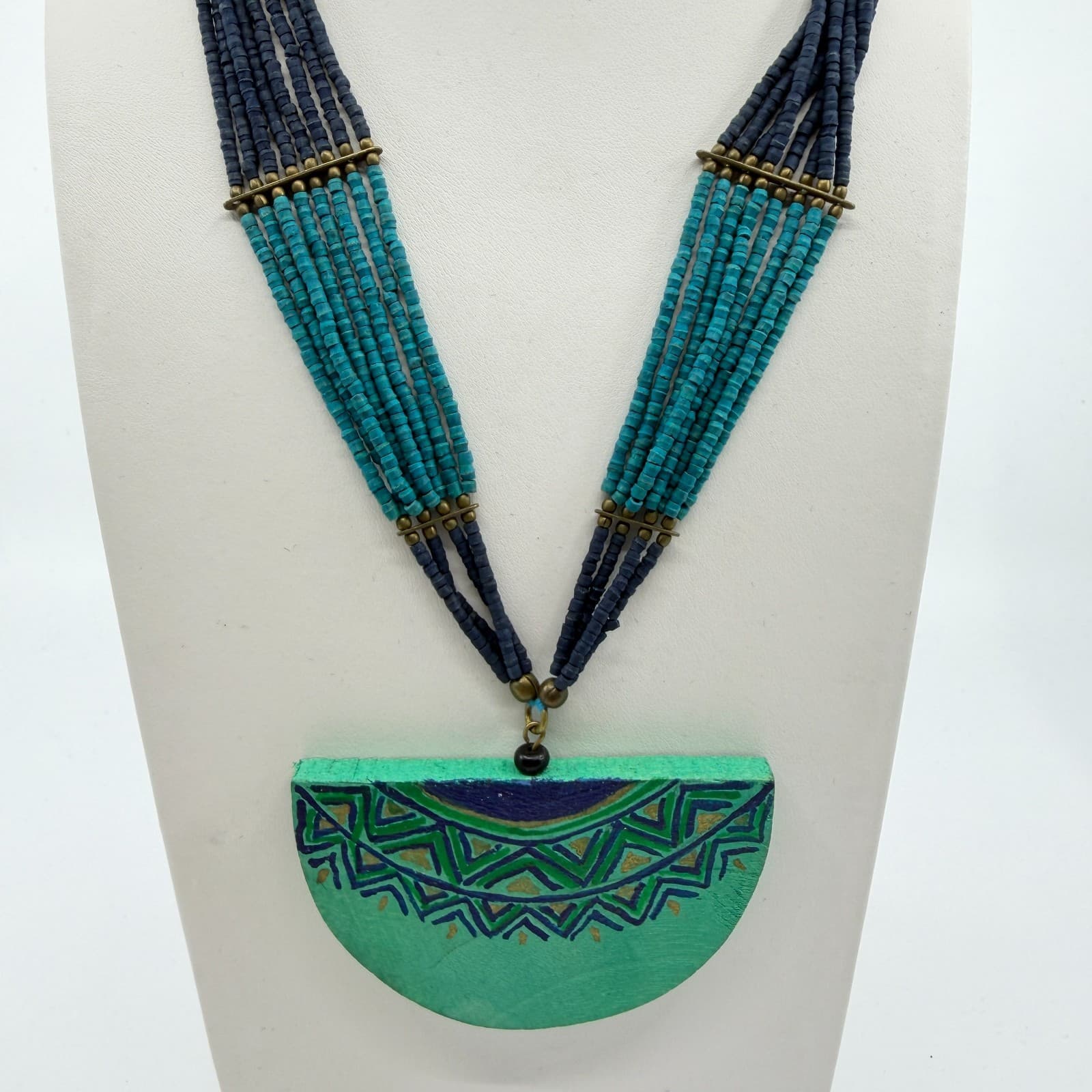 Tribal Painted Wood Semi Circle Pendant Statement Necklace Turquoise Tone Beaded - Thumbnail 2