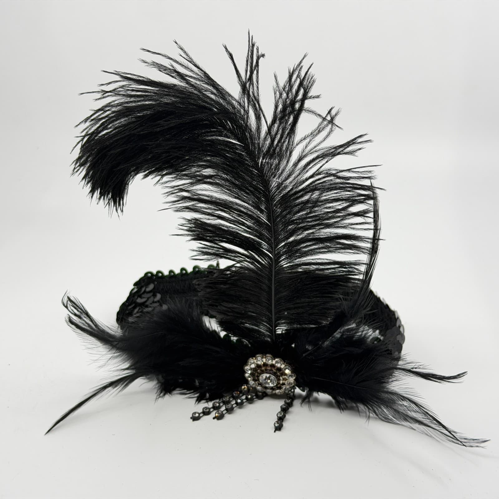 Black Sequin Flapper Headband Gatsby Style Feather Rhinestone Hair Accessory - Thumbnail 2