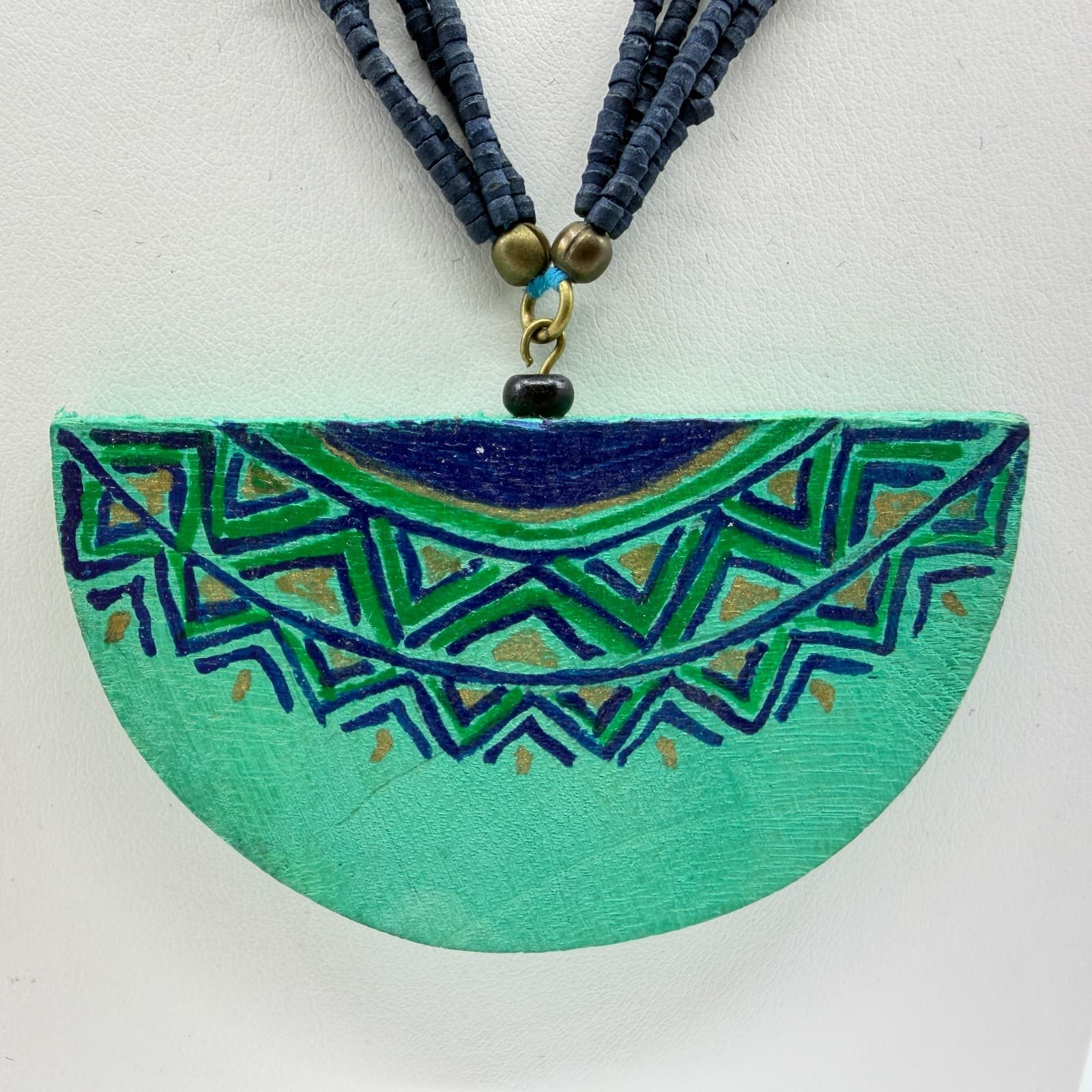 Tribal Painted Wood Semi Circle Pendant Statement Necklace Turquoise Tone Beaded - Thumbnail 4