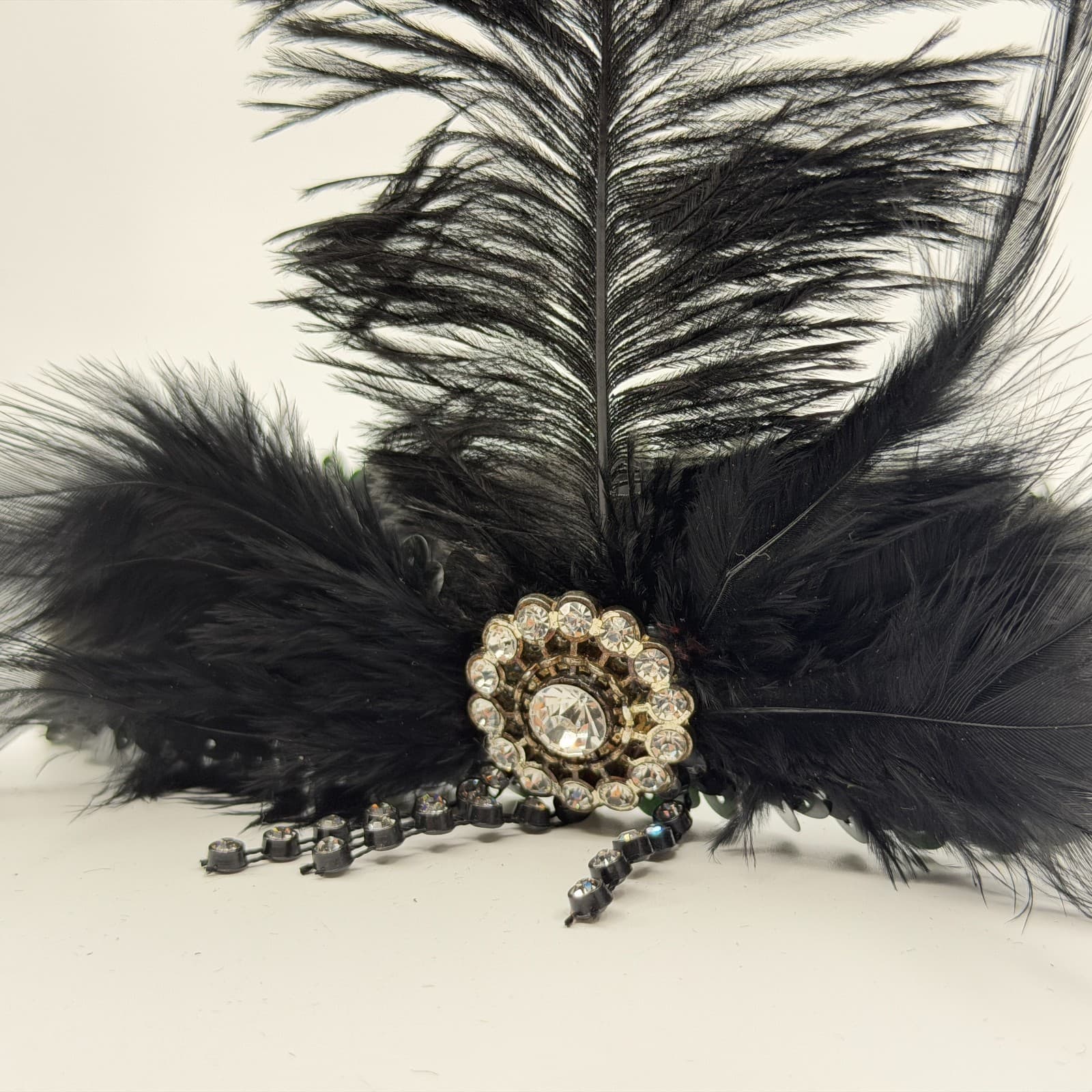 Black Sequin Flapper Headband Gatsby Style Feather Rhinestone Hair Accessory - Thumbnail 3