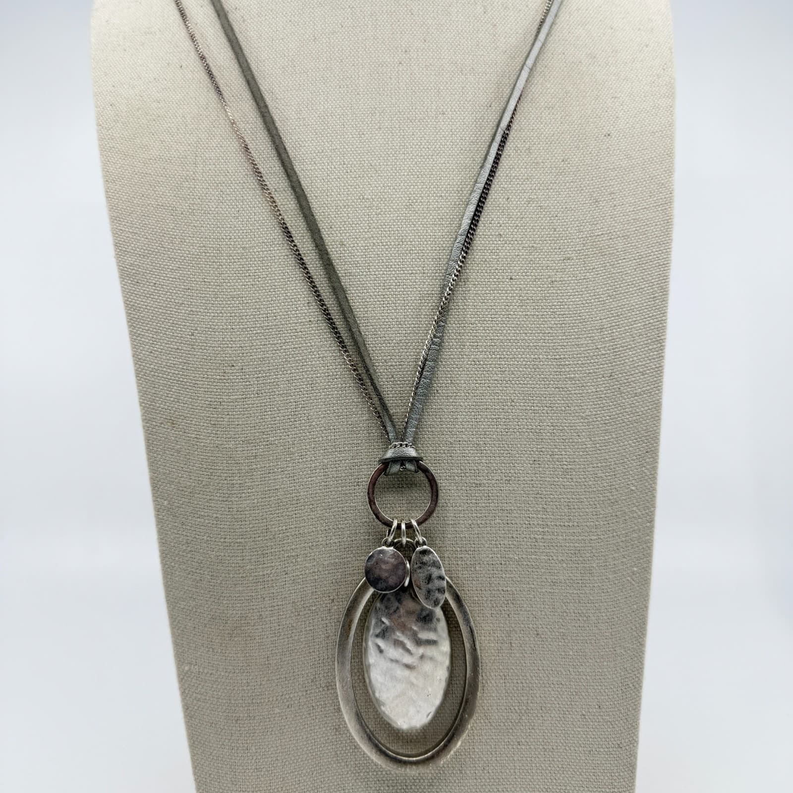 Statement Silver Tone Pendant Necklace Layered Faux Suede Cord Accessory Gift - Thumbnail 3