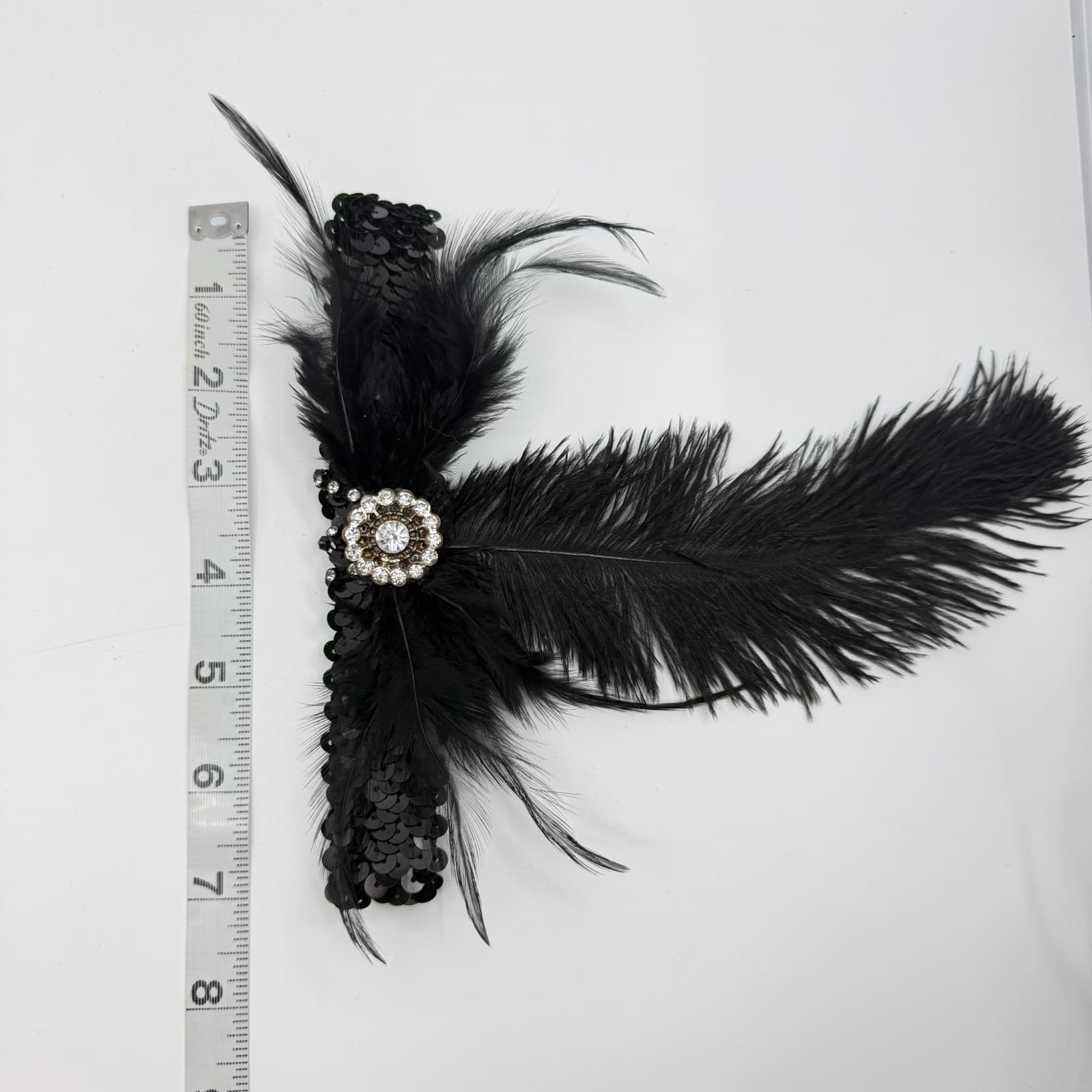 Black Sequin Flapper Headband Gatsby Style Feather Rhinestone Hair Accessory - Thumbnail 11