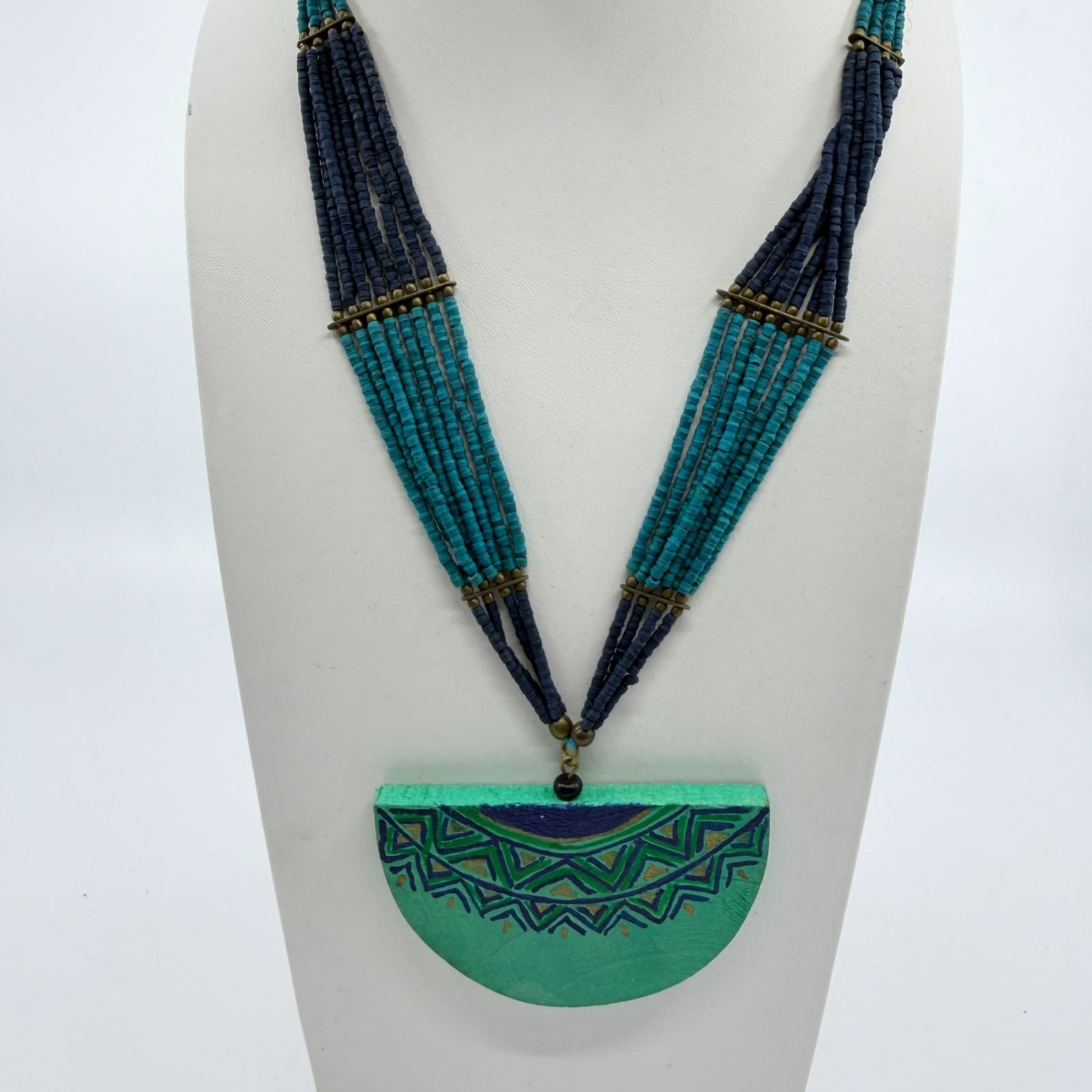 Tribal Painted Wood Semi Circle Pendant Statement Necklace Turquoise Tone Beaded - Thumbnail 8