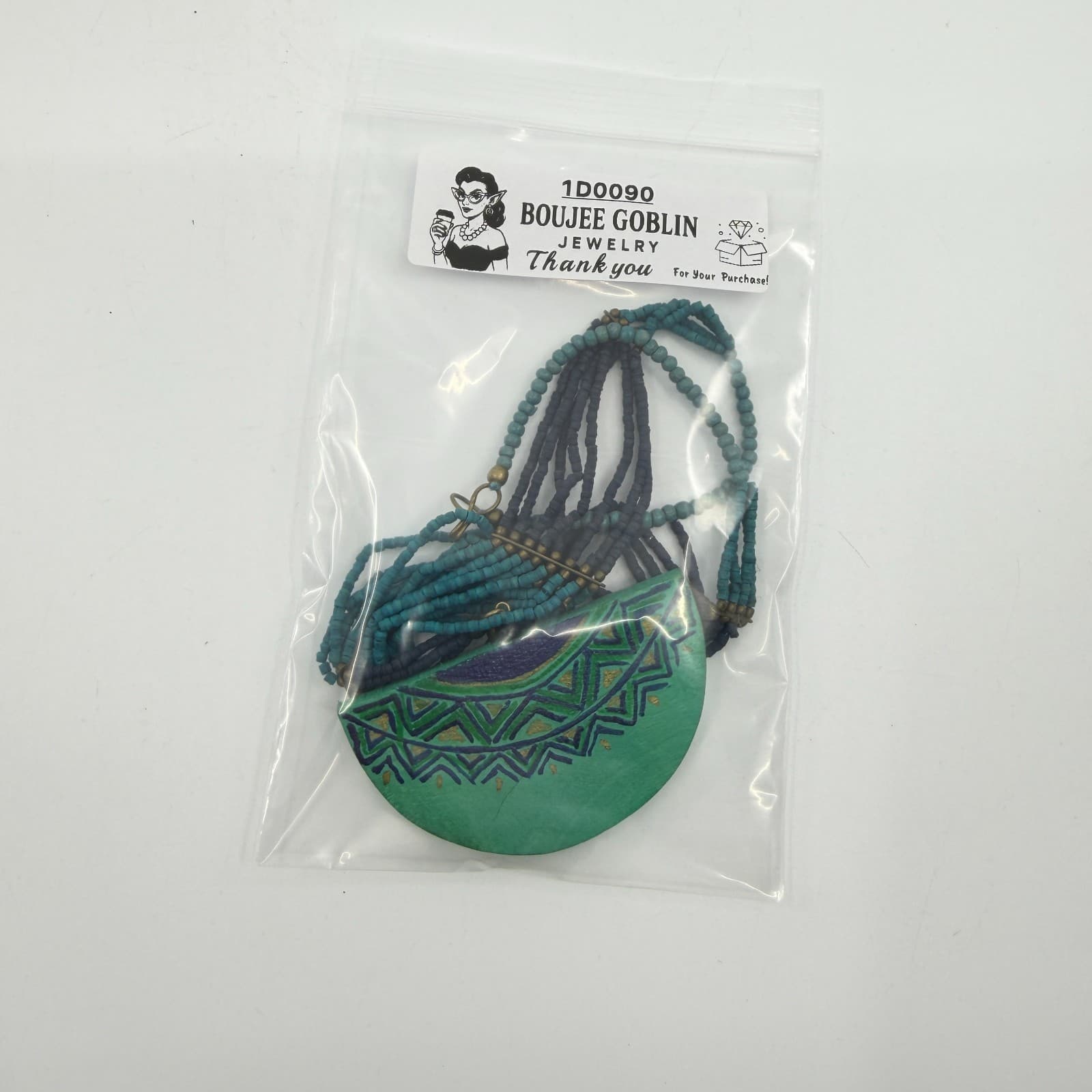 Tribal Painted Wood Semi Circle Pendant Statement Necklace Turquoise Tone Beaded - Thumbnail 11