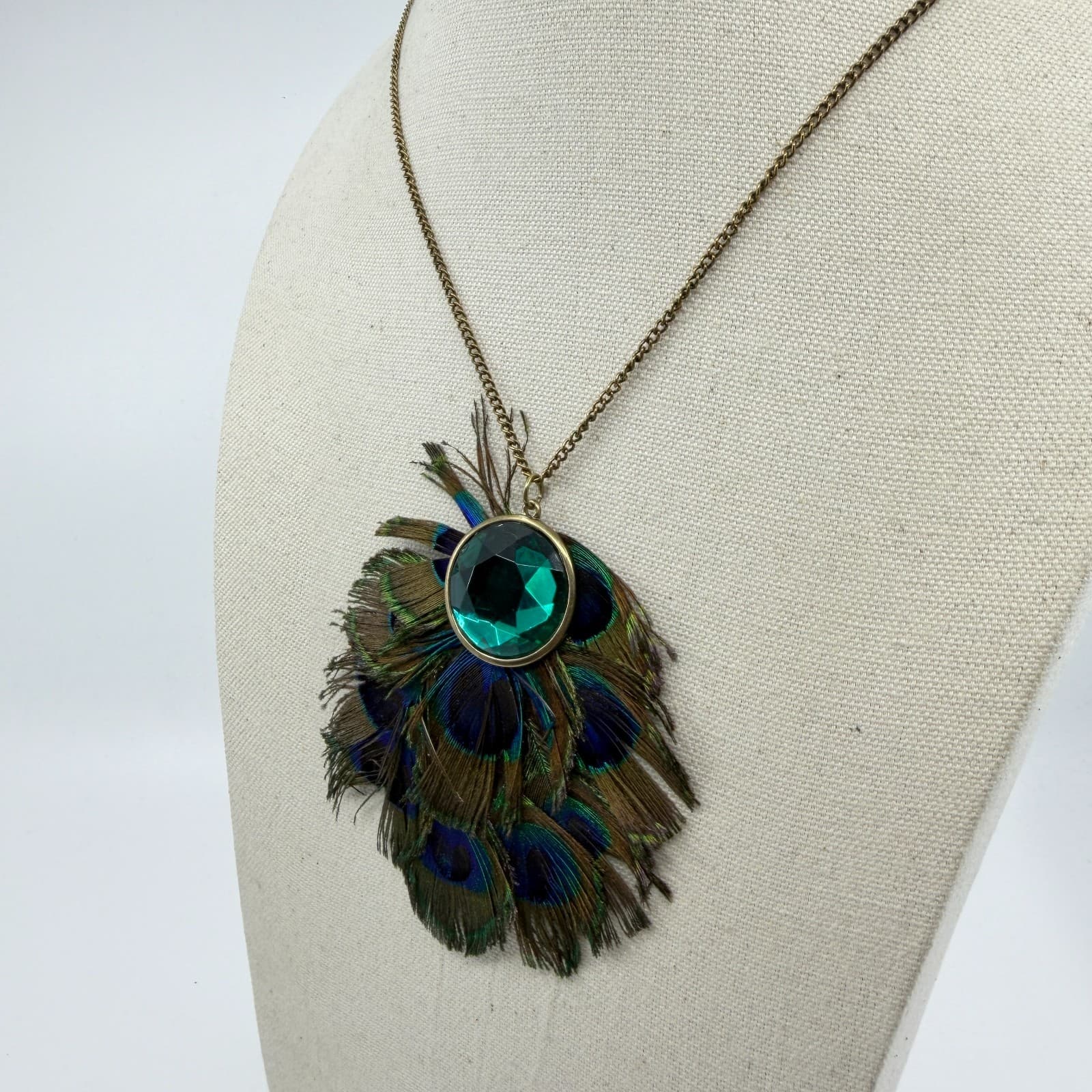 Peacock Feather Statement Necklace Green Crystal Boho Festival Layering Jewelry - Thumbnail 6
