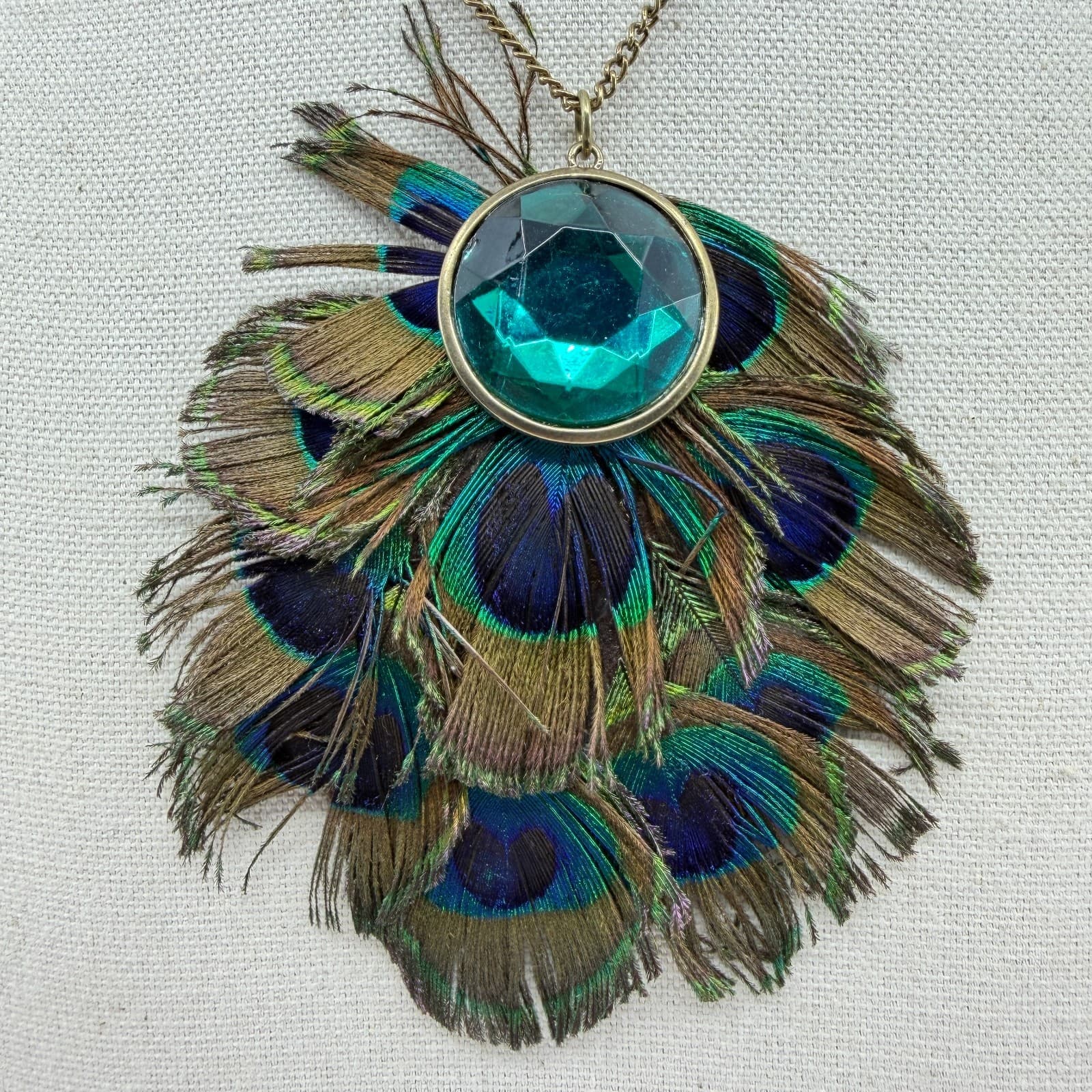 Peacock Feather Statement Necklace Green Crystal Boho Festival Layering Jewelry - Thumbnail 4