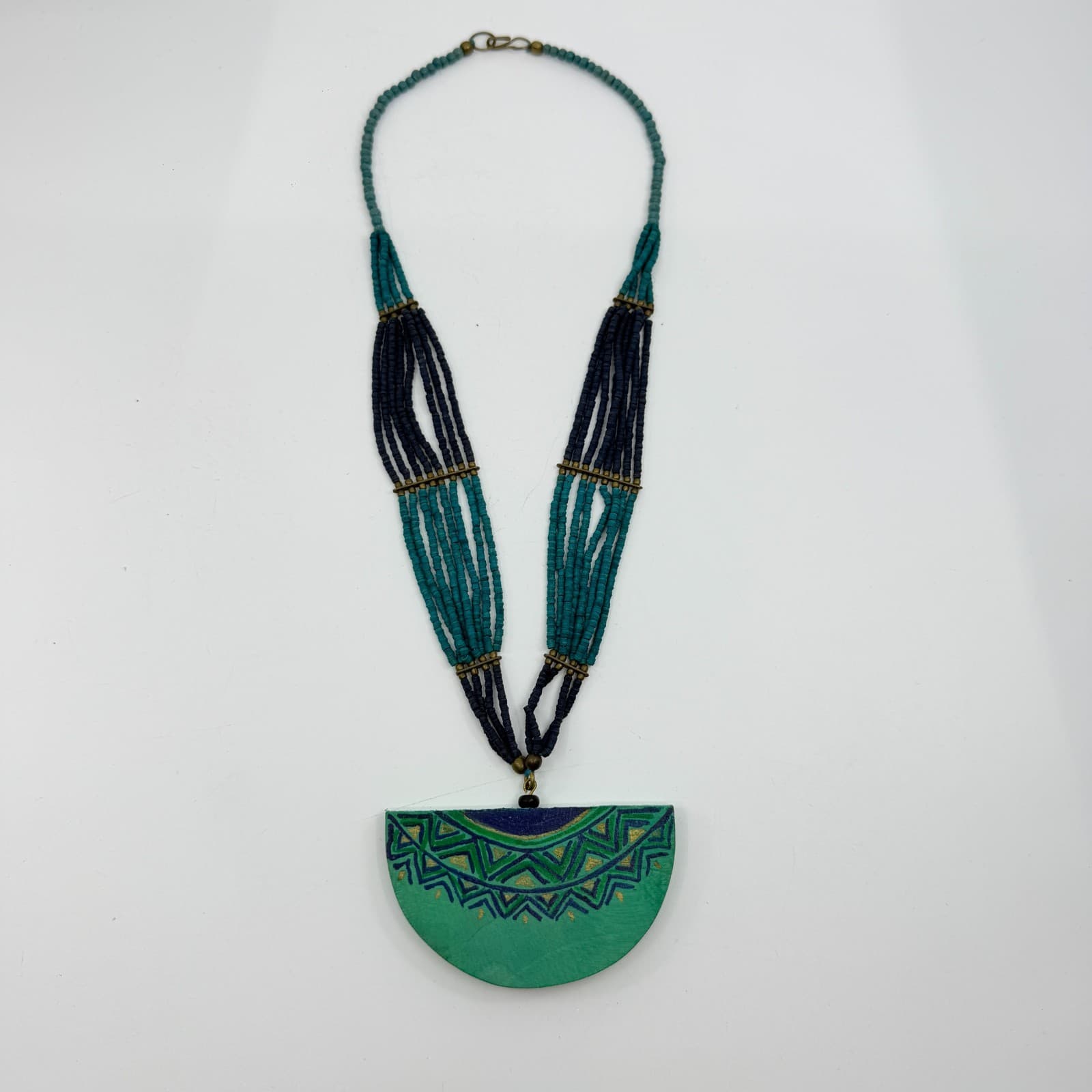 Tribal Painted Wood Semi Circle Pendant Statement Necklace Turquoise Tone Beaded - Thumbnail 10
