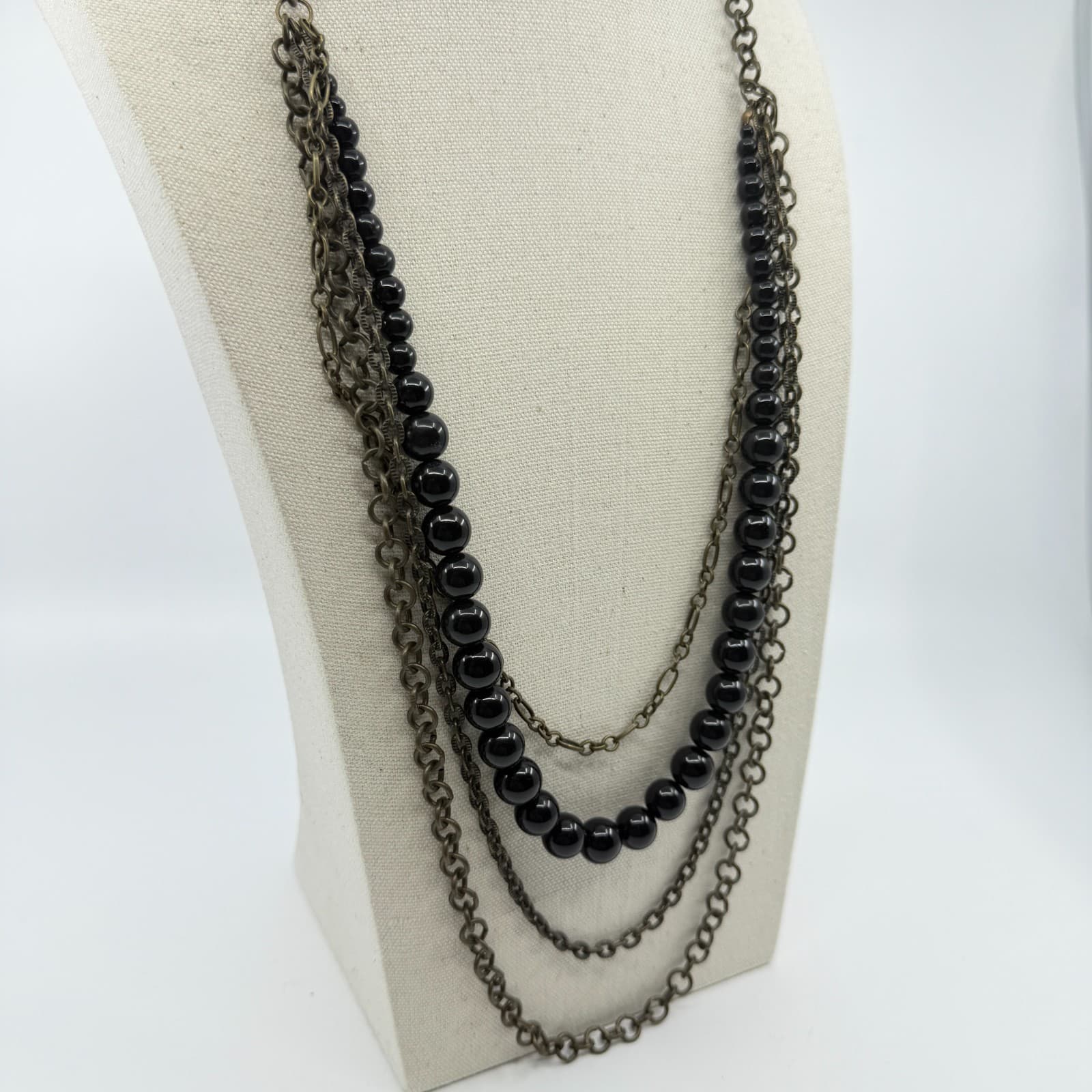 Multi Strand Layered Black Bead Necklace Antique Bronze Tone Chain Statement - Thumbnail 7