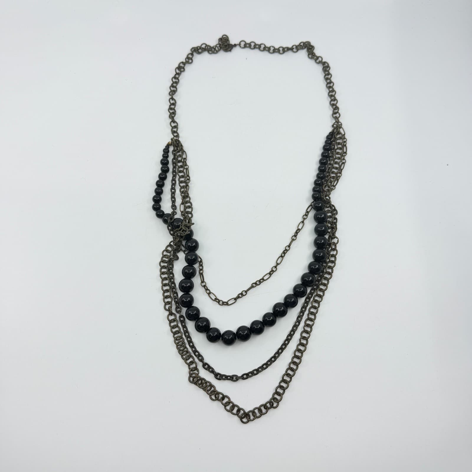 Multi Strand Layered Black Bead Necklace Antique Bronze Tone Chain Statement - Thumbnail 9