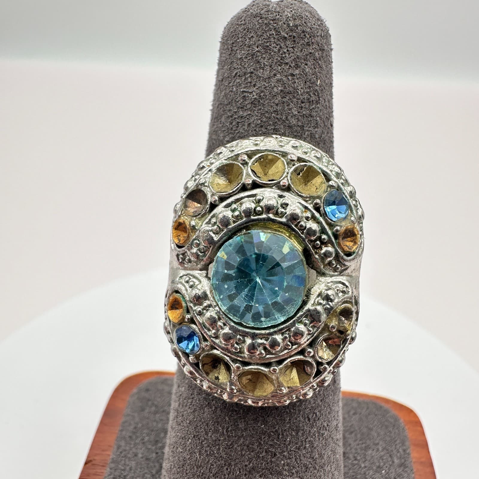 Vintage 90s Silver Tone Rhinestone Statement Ring Boho Women's Classic Jewelry