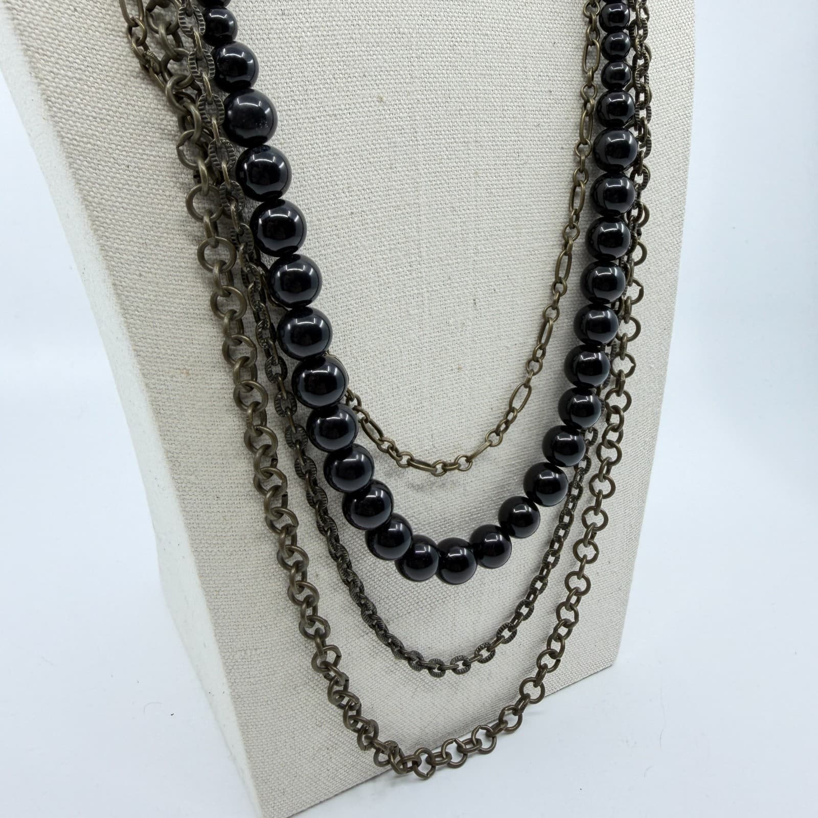 Multi Strand Layered Black Bead Necklace Antique Bronze Tone Chain Statement - Thumbnail 6